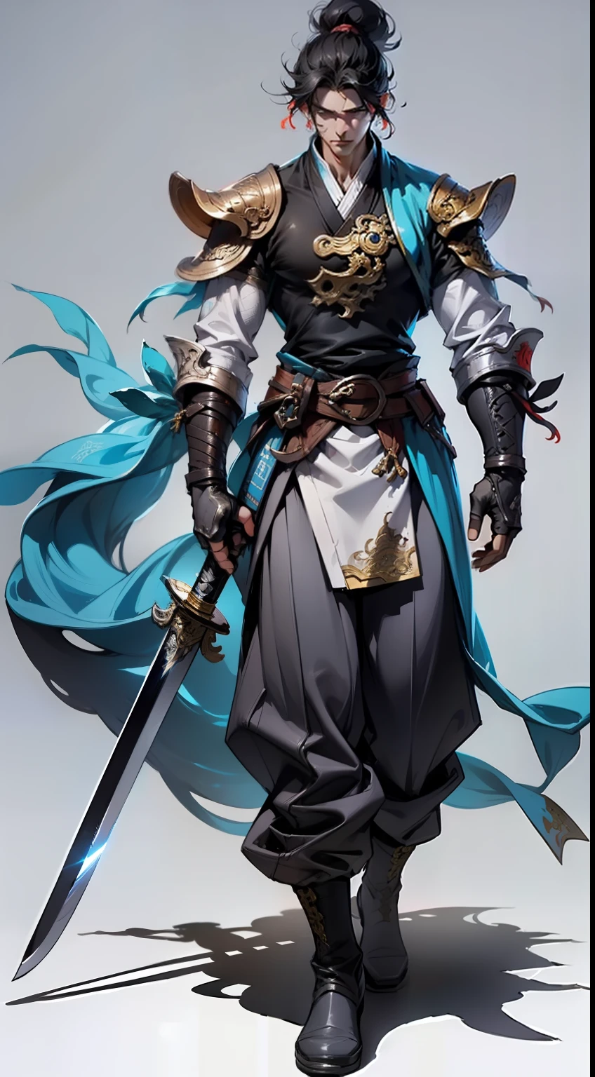 1 handsome man with a sword、Icy eyes、full - body，white background，Xianxia，Hanfu，Fairy wind road bone，high detaild，sketch，Denoising，Cinematic grade，white background，Ultra-high resolution，best shadow，Sharp focus，The Masterpiece，（Very detailed CG unified 8K wallpaper）