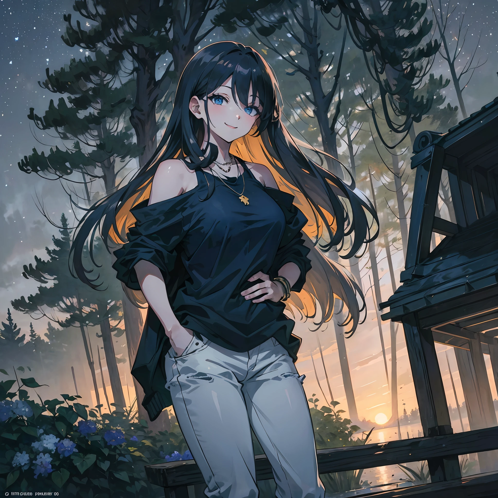 pretty girl sitting on bricks, (1girls:1.3), Bangs, absurdress, Bangles, bare shoulder, ( black t-shirts + white parka +dark navy jeans),Ultra-detail, starry Blue eyes,Slender, masterful technique, joints, Long hair, animetic, solo, Dark hair, High quality, masterpiece,detailed dimly lit forest、Gray sky、mist、(lovely large breasts + wide hip),[wide hip] Hands in your pockets ,smile with teeth, ((Smile with eyes, winked)),Beautiful Girl, Detail Face, detail hands, ultra detail eyes,sexy facial expression,around birds and vivid flowers, necklaces