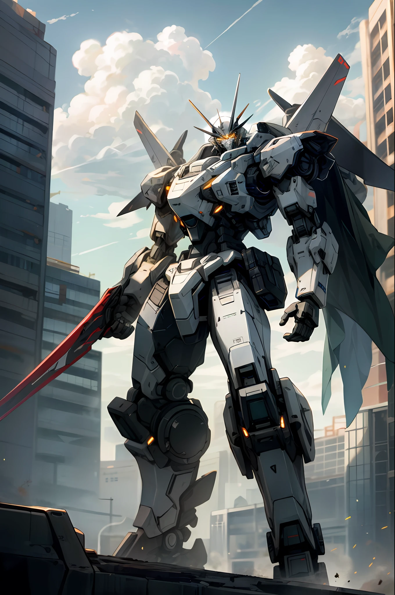 sky, cloud, holding_weapon, no_humans, glowing, , robot, building, glowing_eyes, mecha, science_fiction, city, realistic,mecha