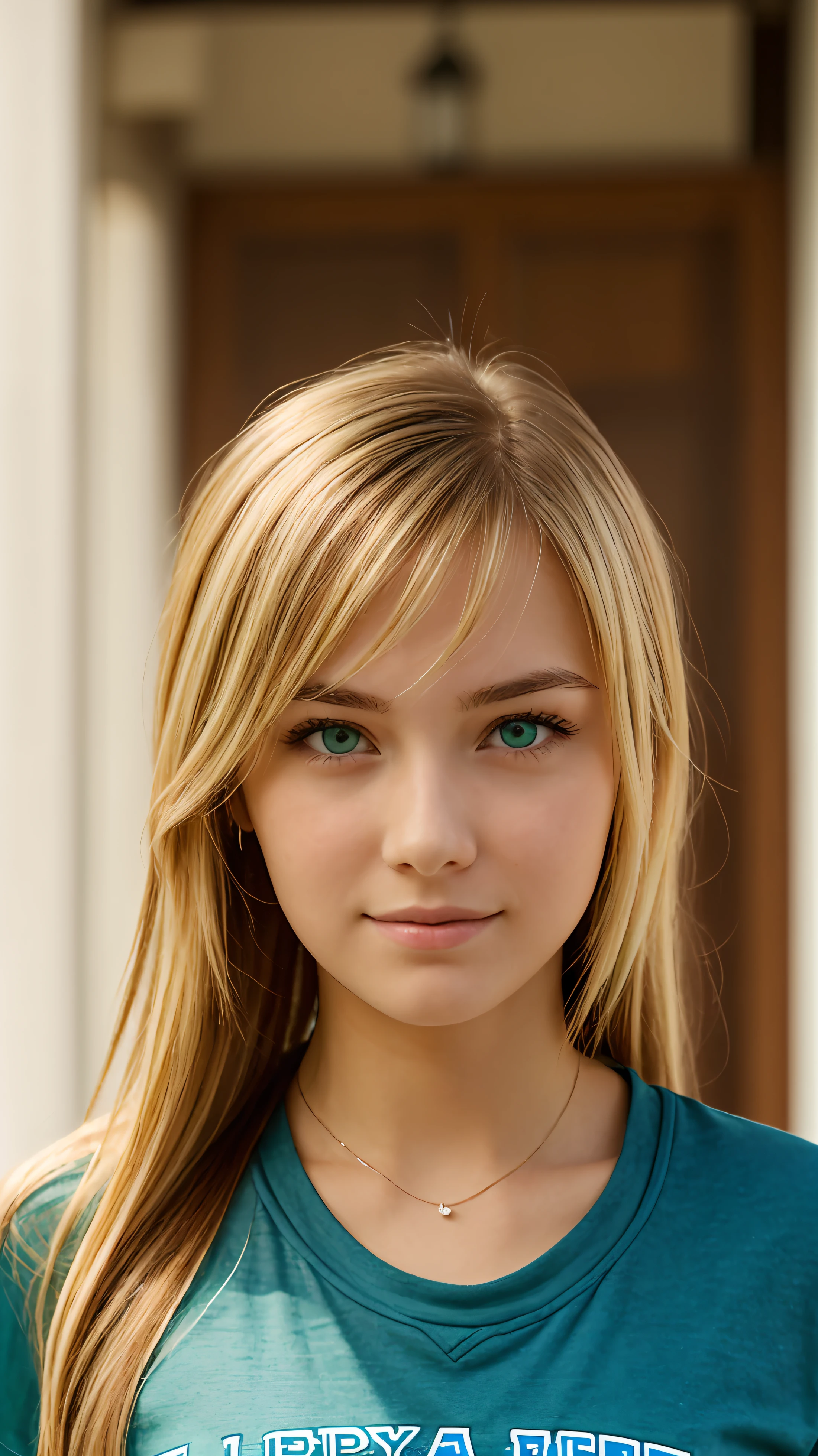 A photo of a beautiful girl with (long / short) (blonde / brunette / redhead) hair and (blue / green / brown) eyes. She is wearing a (casual / formal / sporty) outfit and has a (happy / sad / serious) expression on her face