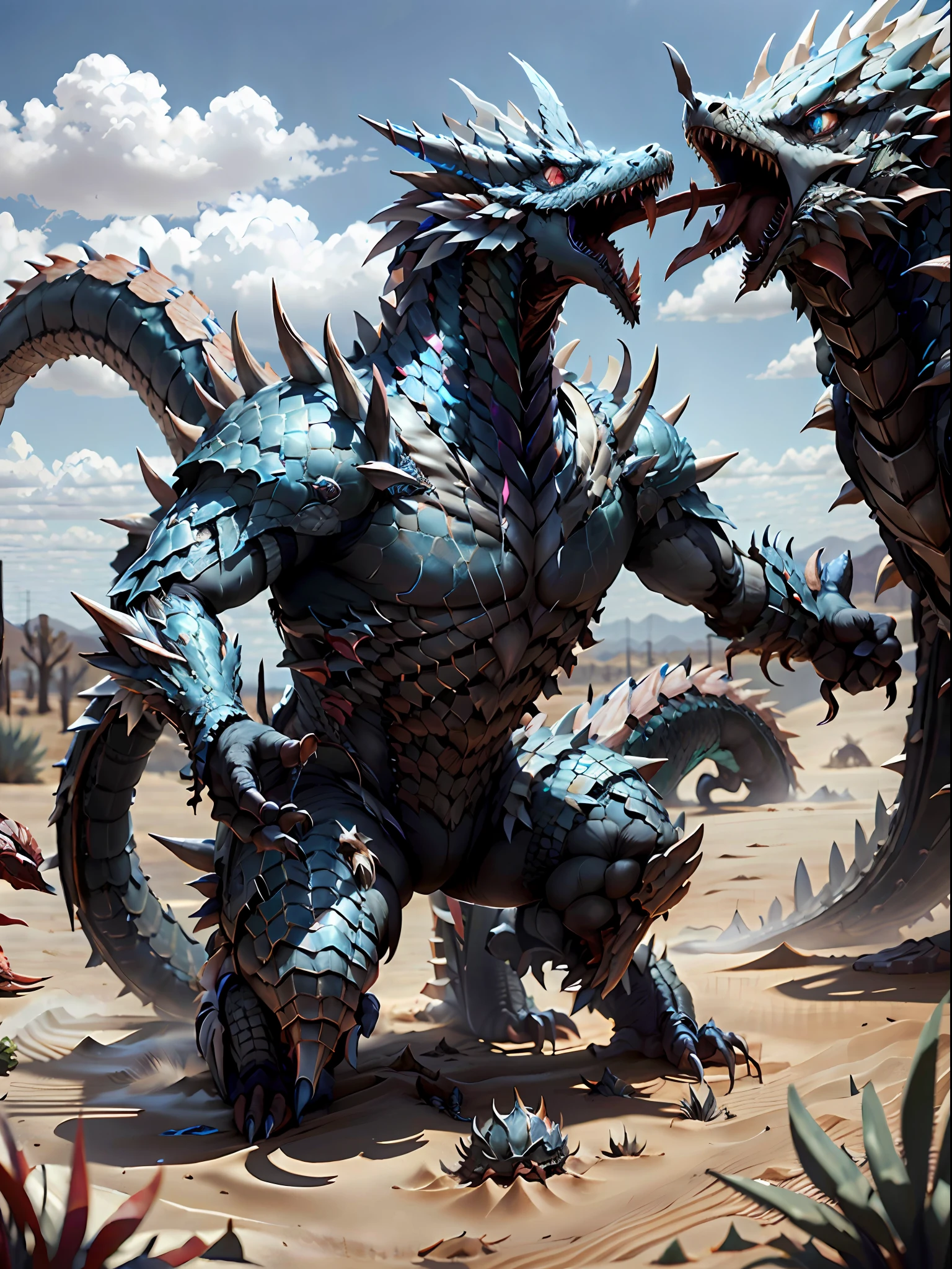 DragonScaleAI armor on people，A desert，Lick the lotion