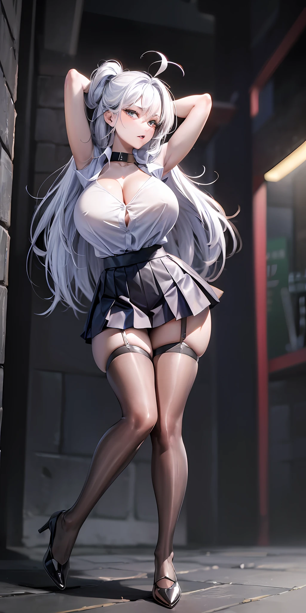 (Full body:1.2),(arms behind head:1.5),(opened legs:1.2),Cinematic lighting,look viewer,(Shiny skin:1.2),Shiny pantyhose,Beautiful face, Highly detailed,officlal art, Extremely detailed CG unity 8k wallpaper,Best quality,((Masterpiece)),(Detailed eyes1.2),absurdities, incrediblyabsurdres, hugefilesize,Ultra-detailed, Extremely detailed, Beautiful detailed girl, Beautiful detailed eyes,1 girl,(独奏:1.1),kawaii,only_shoulders,(White shirt:1.5),(Ultra short pleated skirt:1.2),((tight garter_leather belts)),(black legwear:1.2),heart in eye,Long hair,(White hair:1.2),Striped hair,Confusion_the hair,(Huge:1.2) breasts,the hair_Bow,Collar,Thick coating,The Face of the Anime Goddess,proud,Tight thighs,between breasts,breasts apart,(Stand:1.5),Devil figure,((Tilt the upper body forward )),( from a bottom-up perspective)