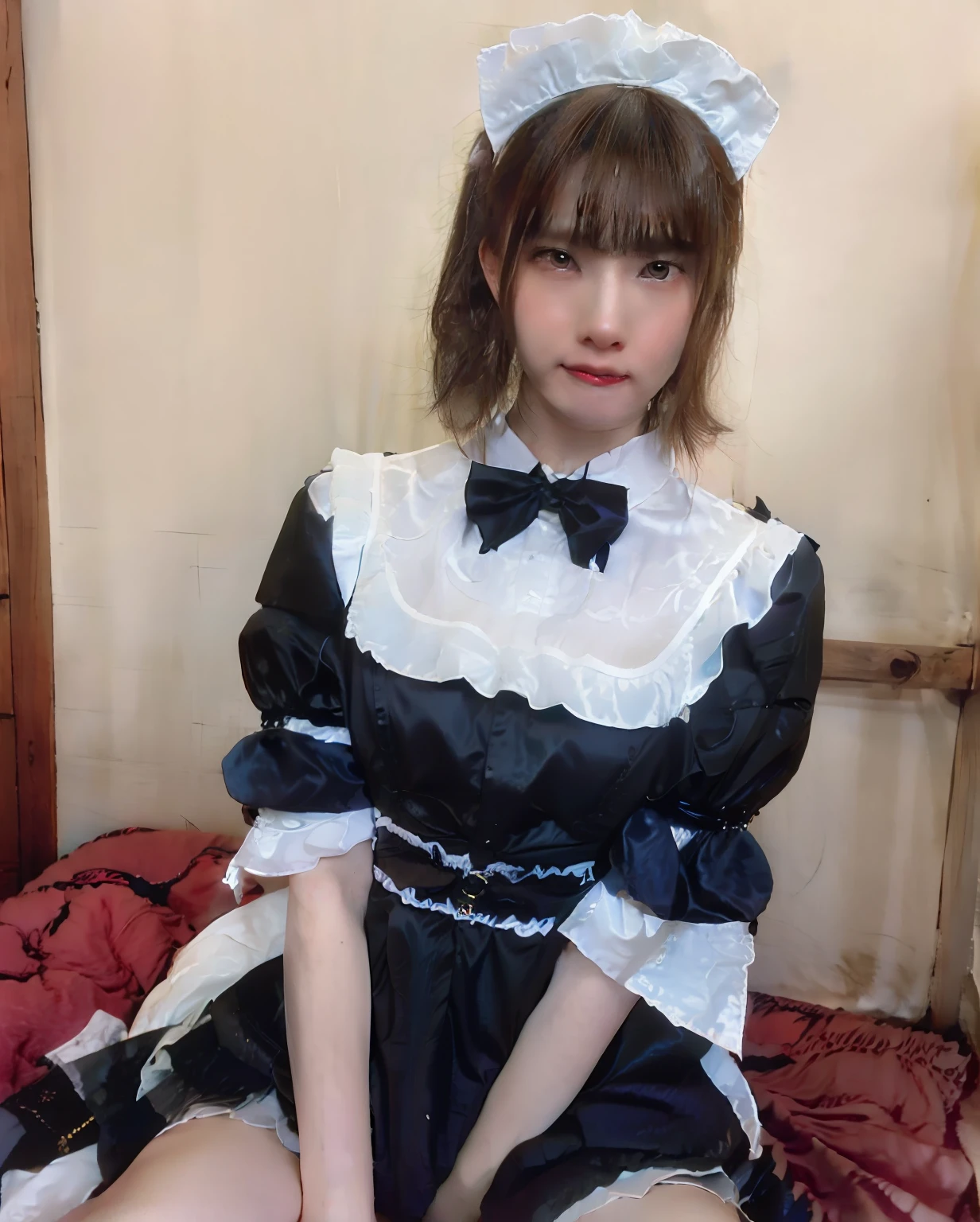 There is a beautiful boy sitting on bed talking on mobile phone, in dress, cosplay of a catboy! maid! Dress, dressed with fluent clothes, dressed with long fluent clothes, frilly outfit, fairycore, belle delphine, High Quality Video, ruan cute vtuber, wearing a white folkdrakt dress, maid clothes, Young man dressed as a woman