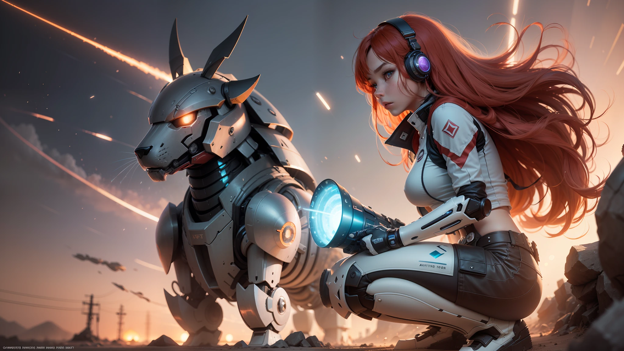 (Digital artwork:1.3)(a sketch:1.1)Octane renders a desert,Sunset,orange tone,(((The girl was half-kneeling against the hound mech))),with red hair,long way hair,((Mecha is depicted finely)),(((ultra fine))),Shoot at 8K resolution,Gasoline liquid,muted colors,splash arts,Blue and purple magic universe,Lithography in intricate details,(Light particles:1.2),(game concept:1.3),(deep of field:1.3),Global illumination,well detailed,Trends on ArtStation,Epic shooting,Cinematic lighting