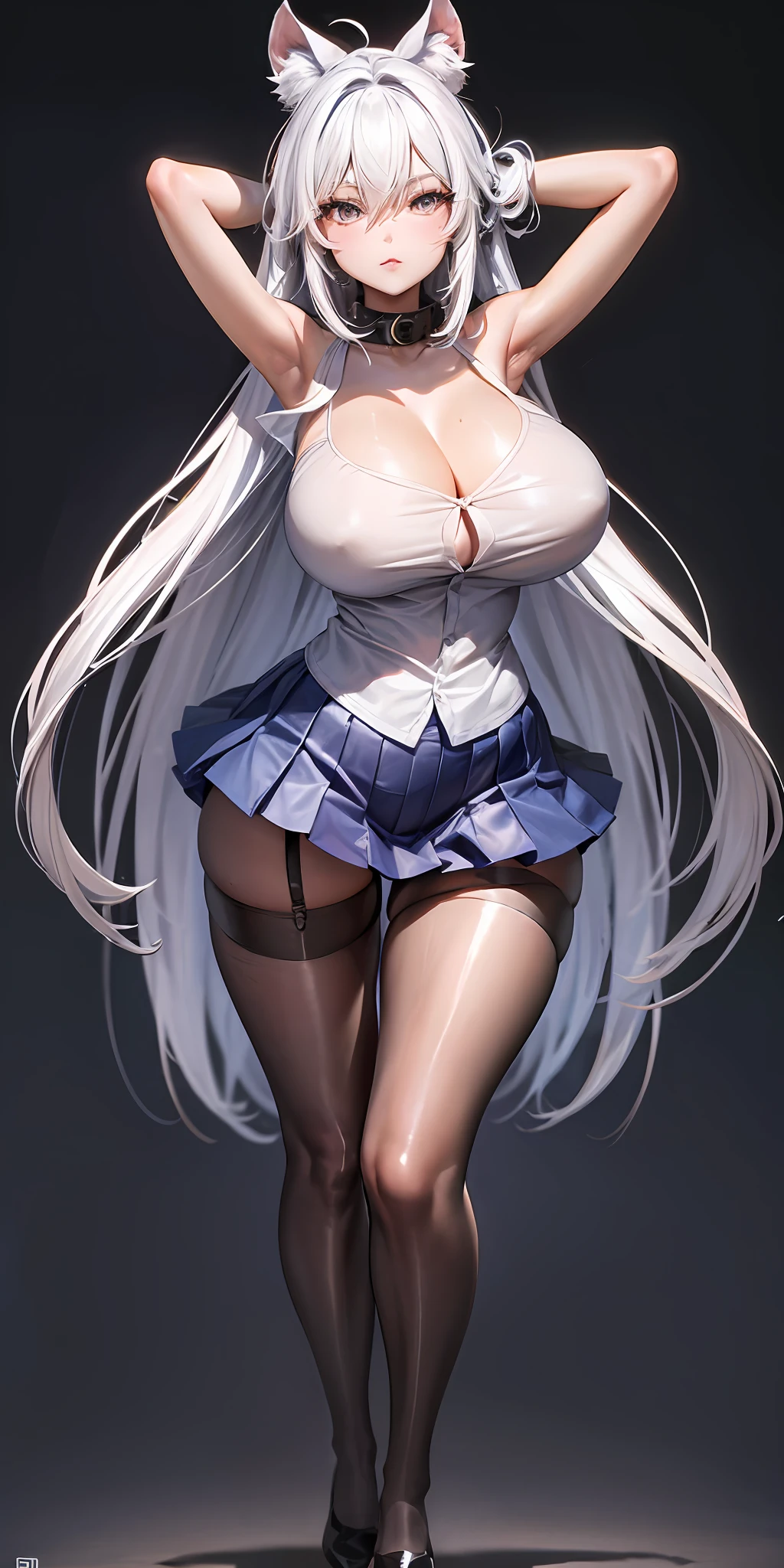 (Full body:1.2),(arms behind head:1.5),(opened legs:1.2),Cinematic lighting,look viewer,(Shiny skin:1.2),Shiny pantyhose,Beautiful face, Highly detailed,officlal art, Extremely detailed CG unity 8k wallpaper,Best quality,((Masterpiece)),(Detailed eyes1.2),absurdities, incrediblyabsurdres, hugefilesize,Ultra-detailed, Extremely detailed, Beautiful detailed girl, Beautiful detailed eyes,1 girl,(独奏:1.1),kawaii,only_shoulders,(White shirt:1.5),(Ultra short pleated skirt:1.2),((tight  garter_leather belts)),(black legwear:1.2),heart in eye,Long hair,(White hair:1.2),Striped hair,Confusion_the hair,(Huge:1.2) breasts,the hair_Bow,Collar,Thick coating,The Face of the Anime Goddess,proud,Tight thighs,between breasts,breasts apart,(Stand:1.5),Devil figure,((Tilt the upper body forward )),( from a bottom-up perspective)