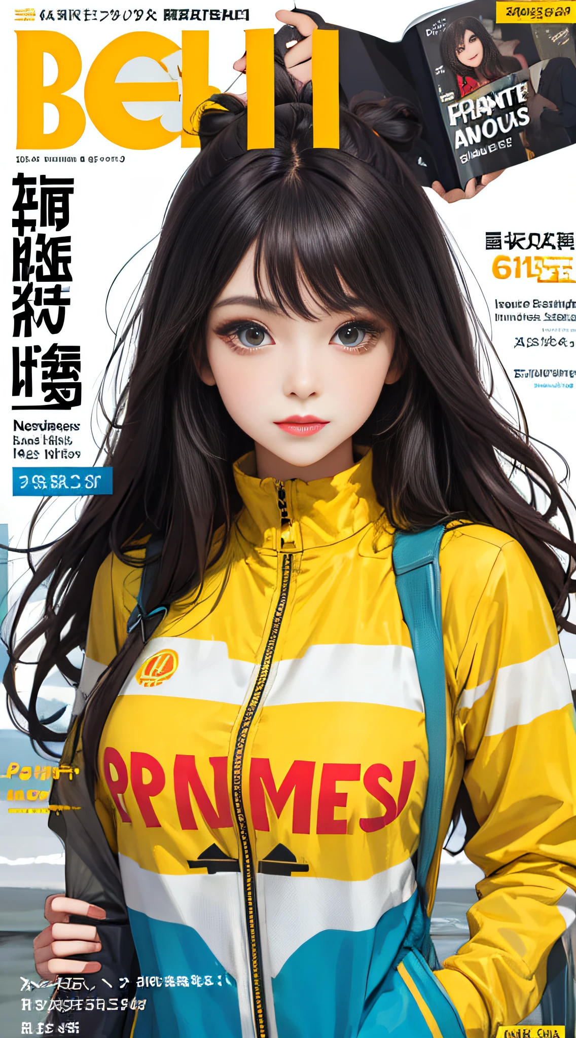 masterpiece, best quality, spring outfit, colorful hair, outdoor, magazine cover ,upper body,