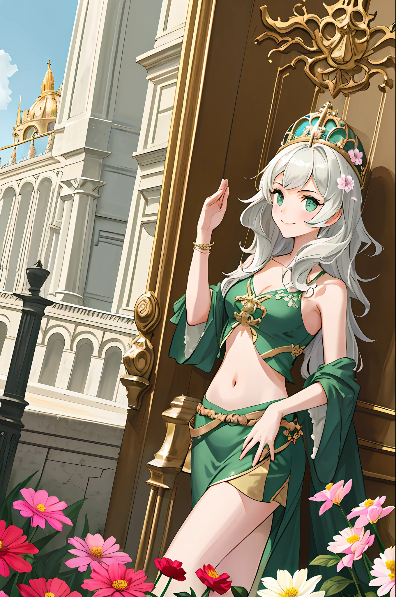 best quality, high_resolution, distinct_image, detailed background,girl,(Chateau de Versailles, Pisa Baptistery Of St. John background, Flowers,navel,crowd),random wear,dutch angle, wide shot,shy smile,