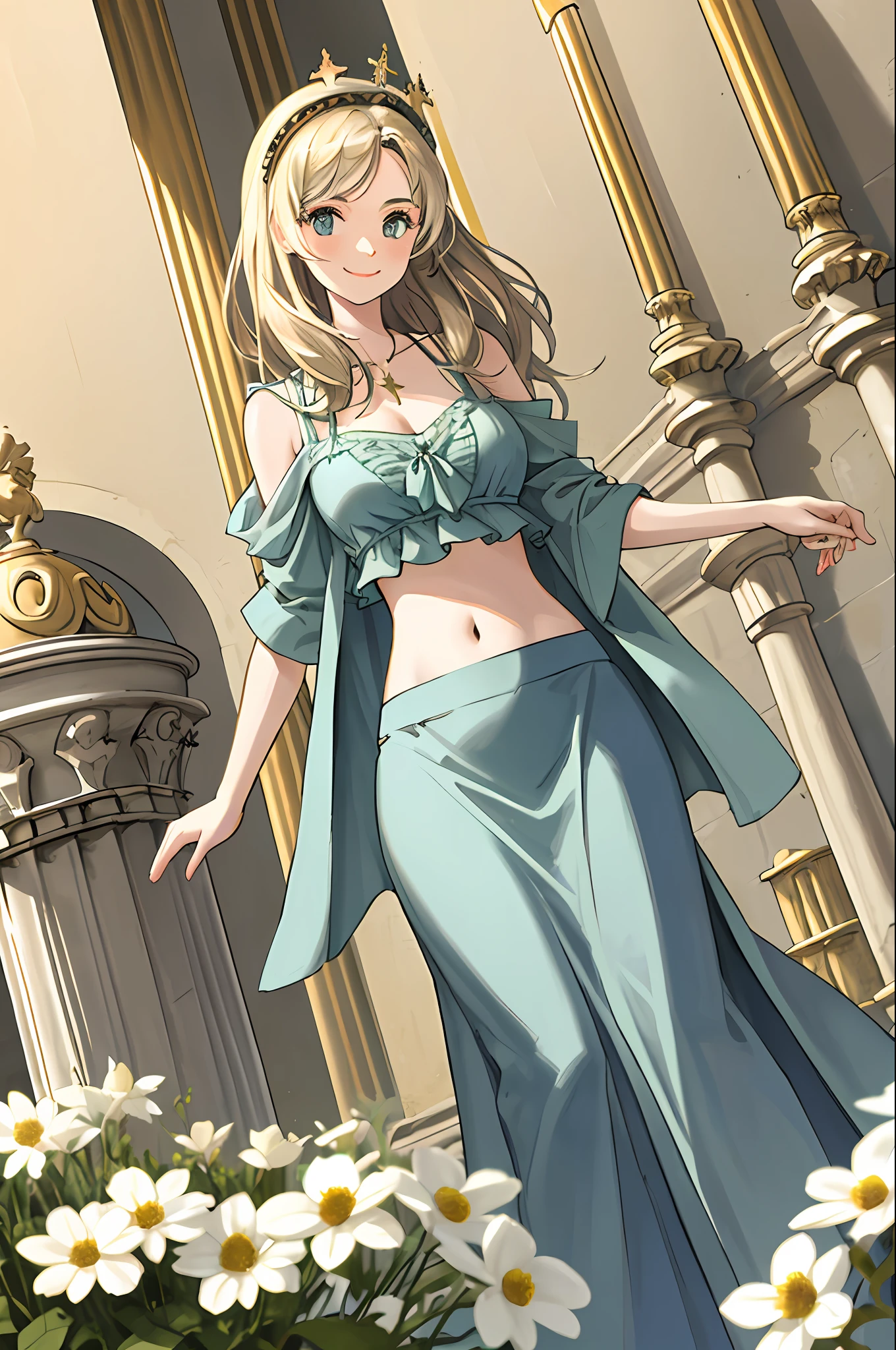 best quality, high_resolution, distinct_image, detailed background,girl,(Chateau de Versailles, Pisa Baptistery Of St. John background, Flowers,navel,crowd),random wear,dutch angle, wide shot,shy smile,