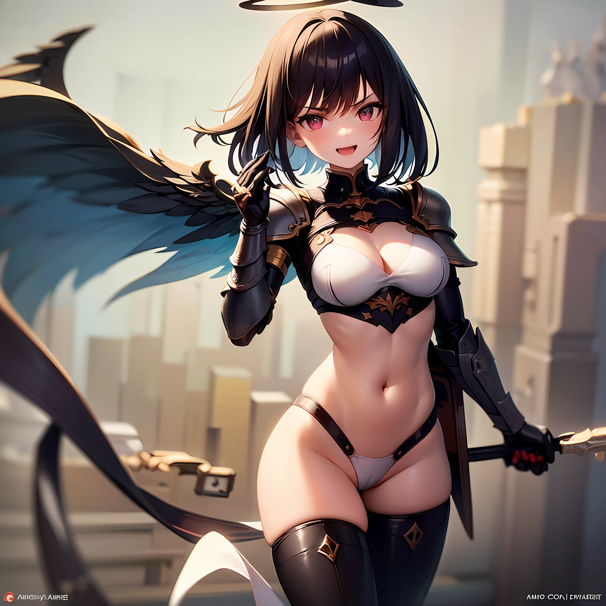 fantasy, 1angel_girl, loli,dk_color_hair, medium_bob_hair, long_bangs, halo,bare_shoulder,thighhighs,silver_armor, waist_armor, large_breasts,angry,smile,open_mouth1pair_wings, dynamic_ pose_fighting,floating, bare_crotch, covered_nipples, covered_pussy,headgear,gauntlet, greaves, pelvic_curtain, city_sky_background,slightly_spread_legs, solo, groin_naked,(masterpiece, best quality, best quality, official art, beautiful and aesthetic:1.2), (1 girl), very detailed,