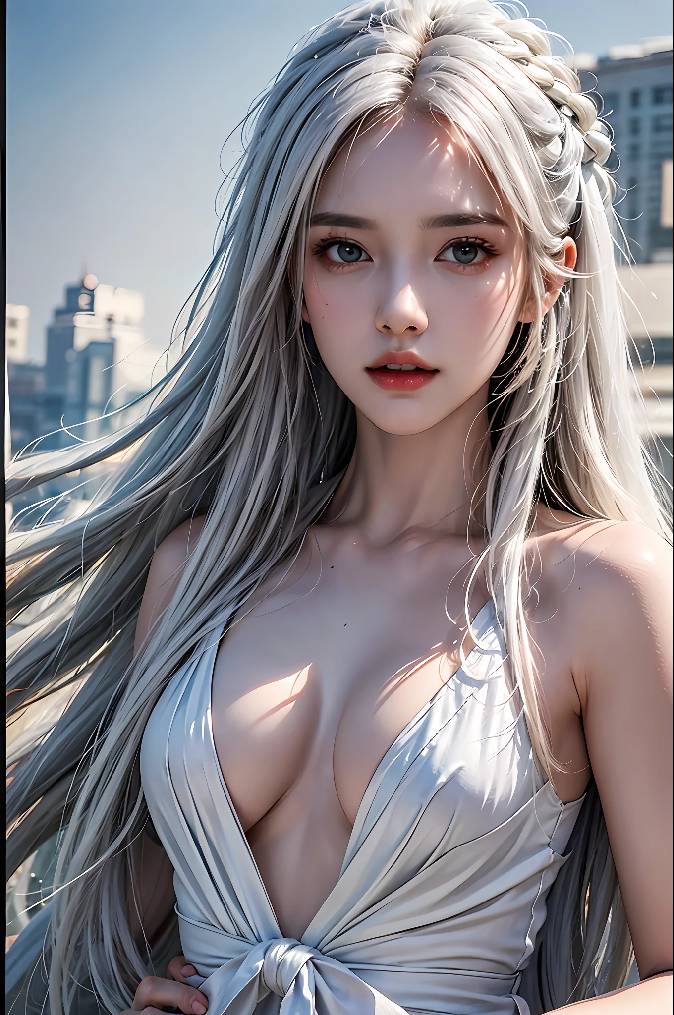 best quality, masterpiece, ultra-detailed, detailed light, (RAW photo:1.2), (photorealistic:1.4),(masterpiece:1.3),(best quality:1.4) 1girl, detailed face, solo, upper body, long hair, white hair, sky, dress, aodai, cloud