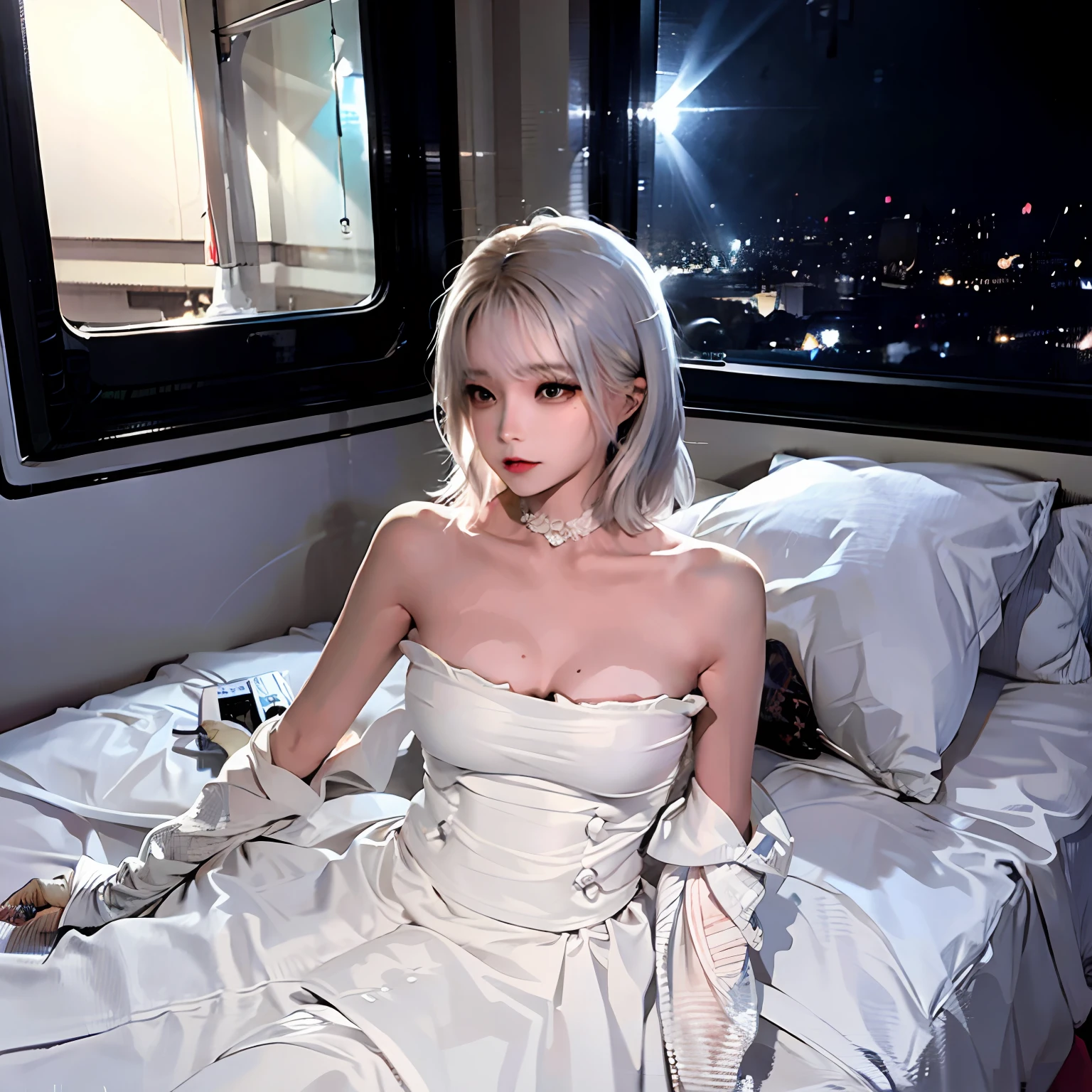 Night,The girl was lying on the bed,Mobile phone in hand,,Luminous light shines into the room from the window,The light of the phone screen shines on the girl's face,A sad face