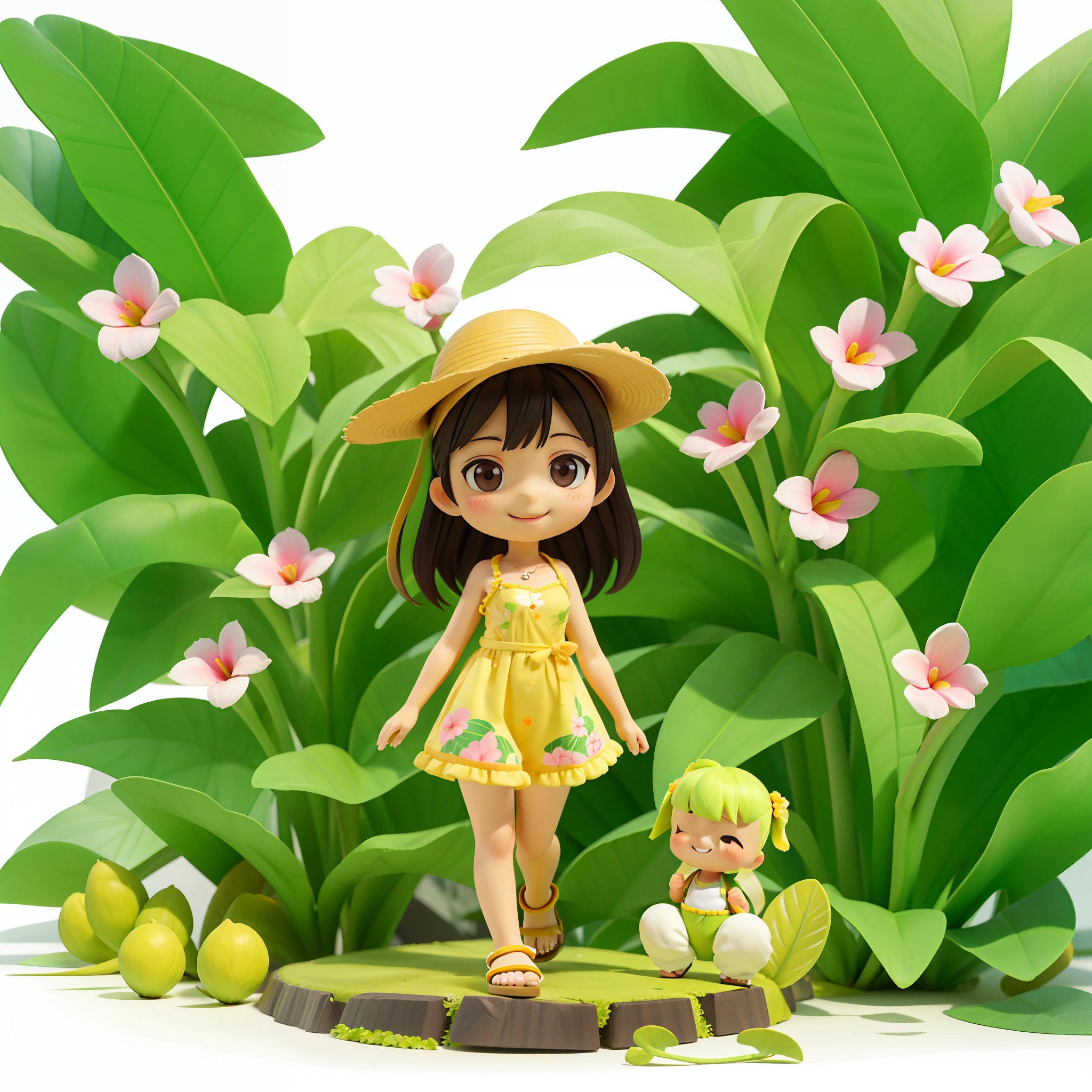 The Masterpiece Chibichara Cute and beautiful Chibi 1 (Black skin) Tropical fruit print string camisole Sandals with fruit accessories Cute smile Tropical palm trees in the background Plumeria flowers 。.3D