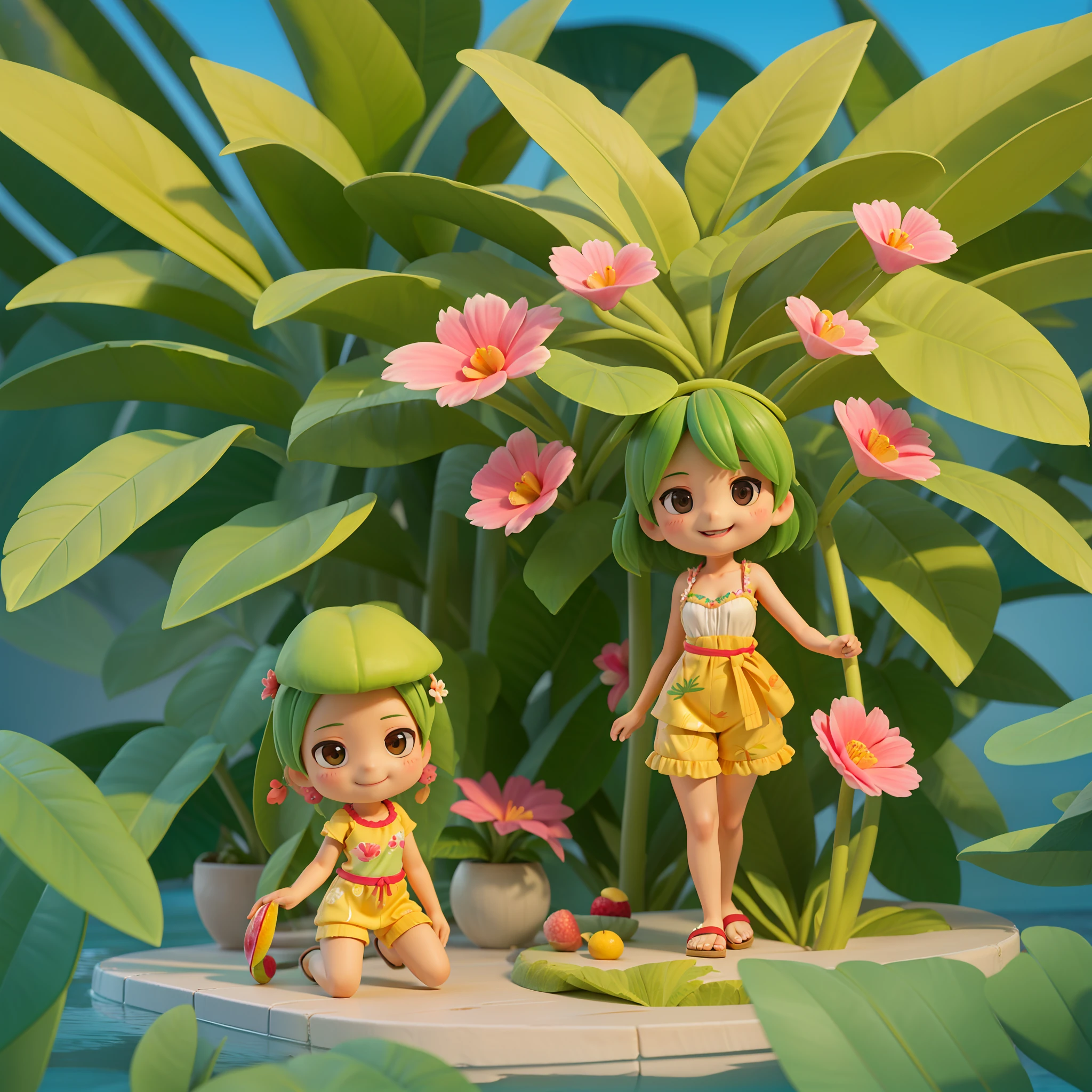The Masterpiece Chibichara Cute and beautiful Chibi 1 (Black skin) Tropical fruit print string camisole Sandals with fruit accessories Cute smile Tropical palm trees in the background Plumeria flowers 。.3D