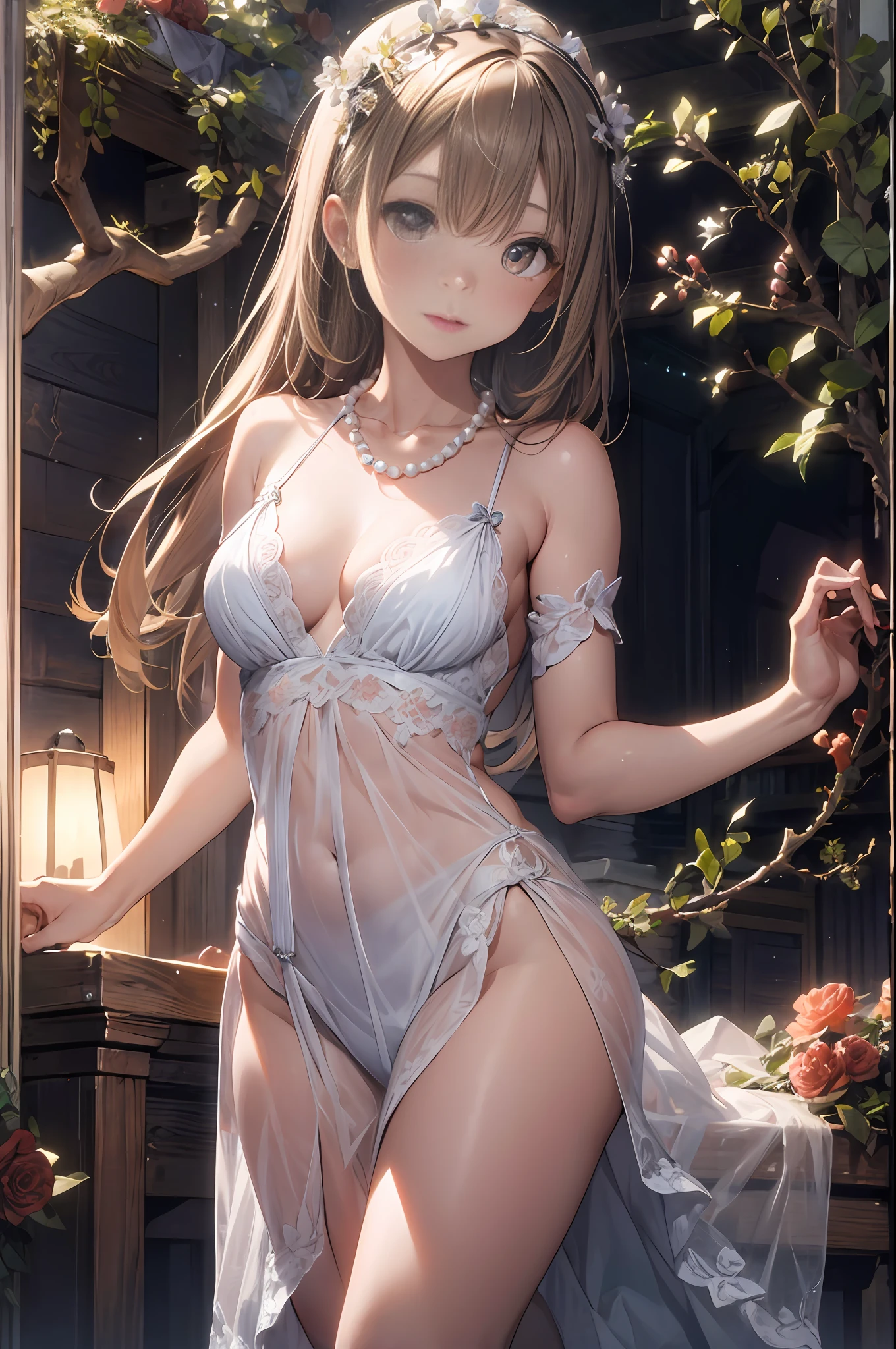(extremely detailed CG unity 8k wallpaper,masterpiece, best quality, ultra-detailed, beautiful detailed eyes:1.2),best illumination, (best shadow, an extremely delicate and beautiful, bloom), 1gril,solo,(masterpiece), (best quality), (ultra-detailed), (solo), 1girl, (extremely delicate and beautiful body), full body, flower headpiece, pearls headdress, middle parted with long hair strands, long white hair, white eyelashes, pearls necklace, shoulders lace vines, sheer long gown, branches flowers overlay, posed body, posed arm, posed legs,