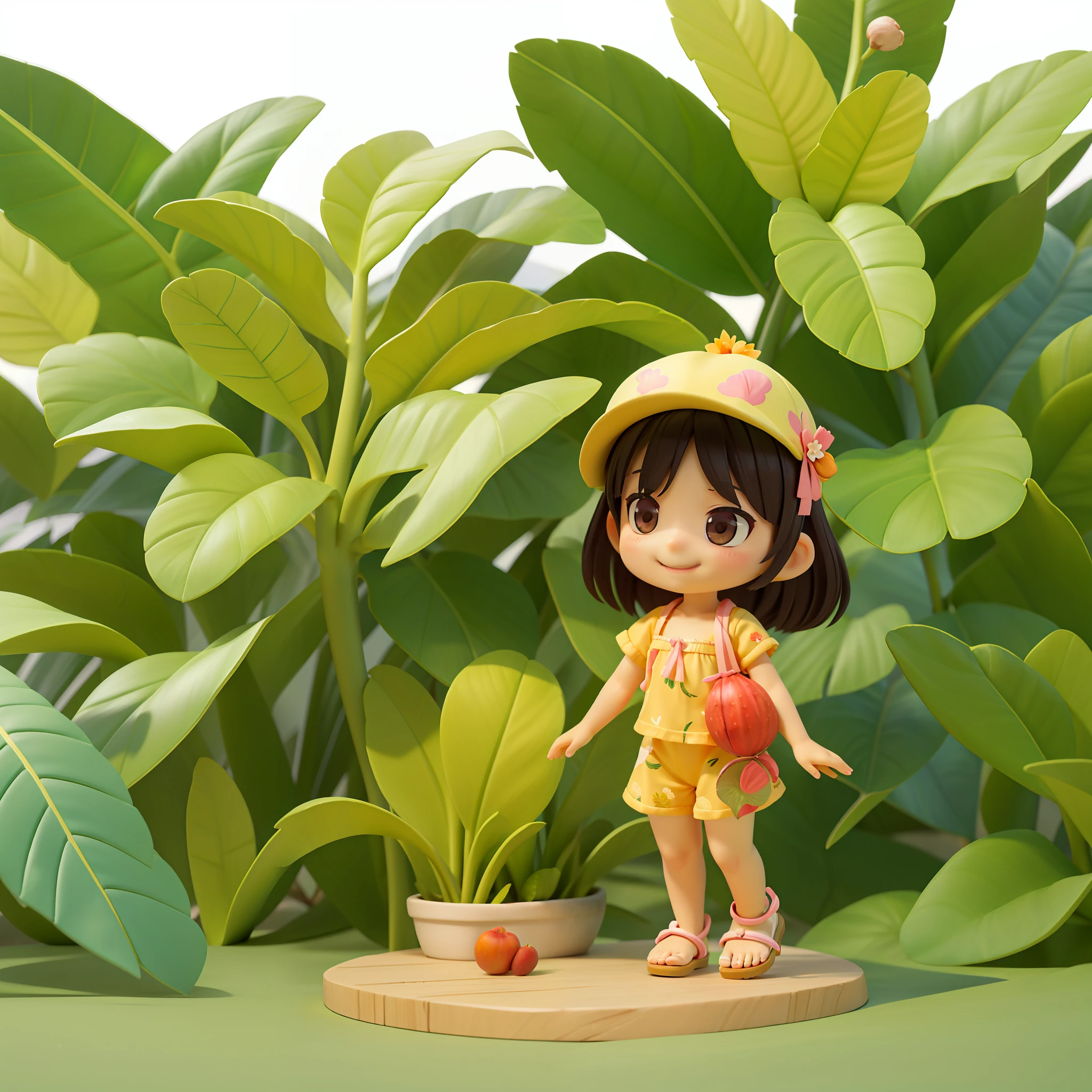 The Masterpiece　Chibichara　Cute and beautiful Chibi　1 (Black skin) Tropical fruit print string camisole　Sandals with fruit accessories　Cute smile　Tropical palm trees in the background　Plumeria flowers　。.3D