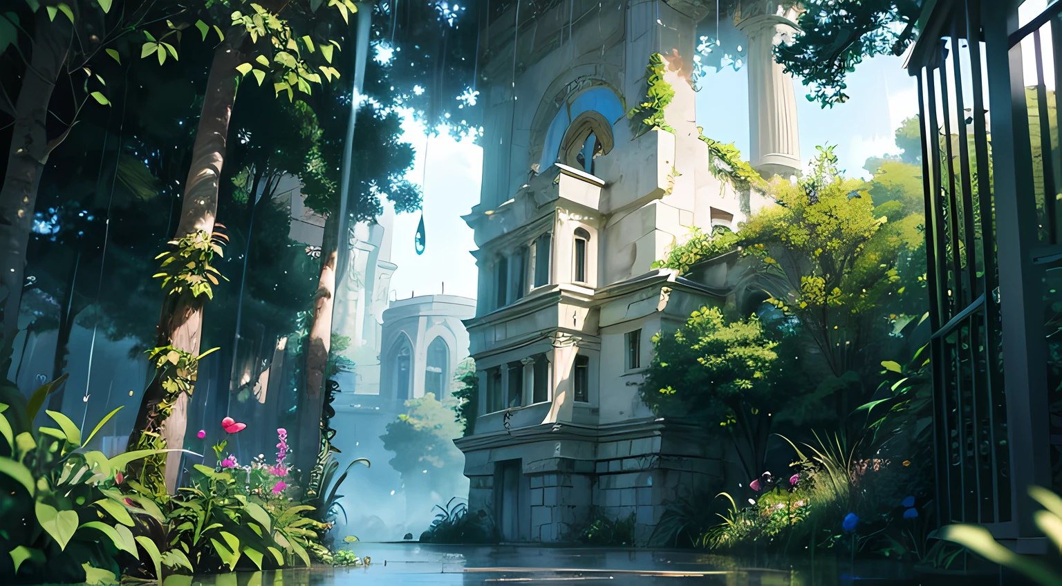 Jungle with ancient ruins, heavy rainfall, in utopia, colorful flowers, colorful birds, blue butter fly, vines everywhere, huge wet trees, masterpiece, best quality, high quality, very detailed CG unity 8k wallpaper, oil painting, award winning photography, bokeh, depth of field, HDR, bloom , chromatic aberration, photorealism, very detailed, trending on artstation, trending on CGsociety, intricate, high detail, dramatic, midjourney art, volumetric lighting,