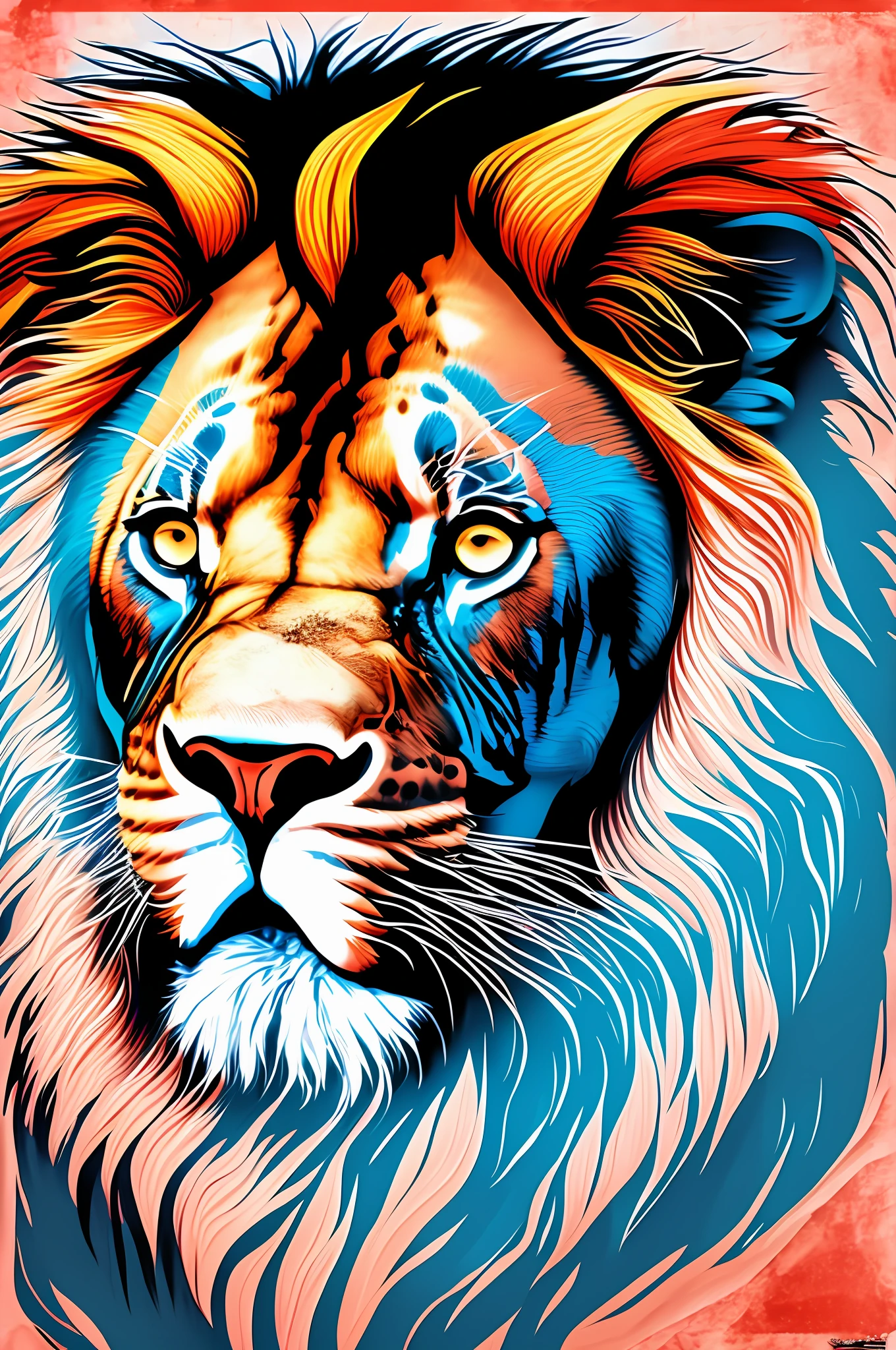 there is a lion with a red, juba branca e azul, inspirado em Arnold Bronckhorst, roaring blue lion. majestoso, arte oficial, esquema de cores vermelho, azul e dourado, official print, lions, Criado no Adobe Illustrator, Directed by: Warren Mahy, fan art, 3 colour print, O melhor no Adobe Stock, lion icon, arte do Adobe Illustrator, arte digital detalhada