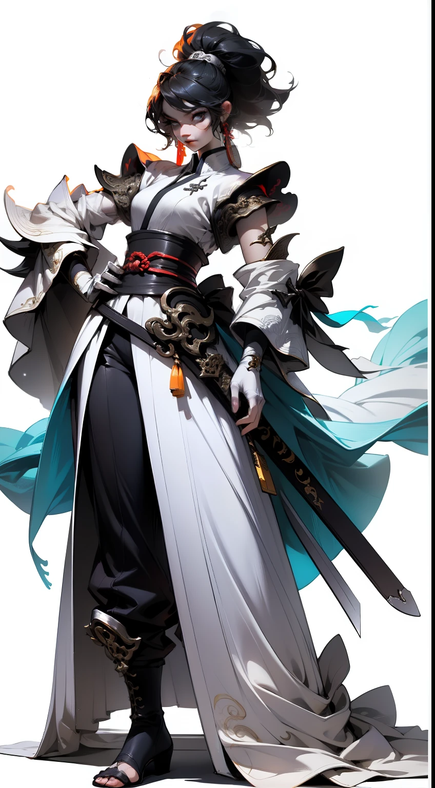 1 handsome chivalrous woman with a sword、Determined eyes、full - body,white background,Wuxia,Hanfu,lascivious pose,high detaild,sketch,Denoising,Cinematic grade,white background,Ultra-high resolution,best shadow,Sharp focus,The Masterpiece,(Very detailed CG unified 8K wallpaper)