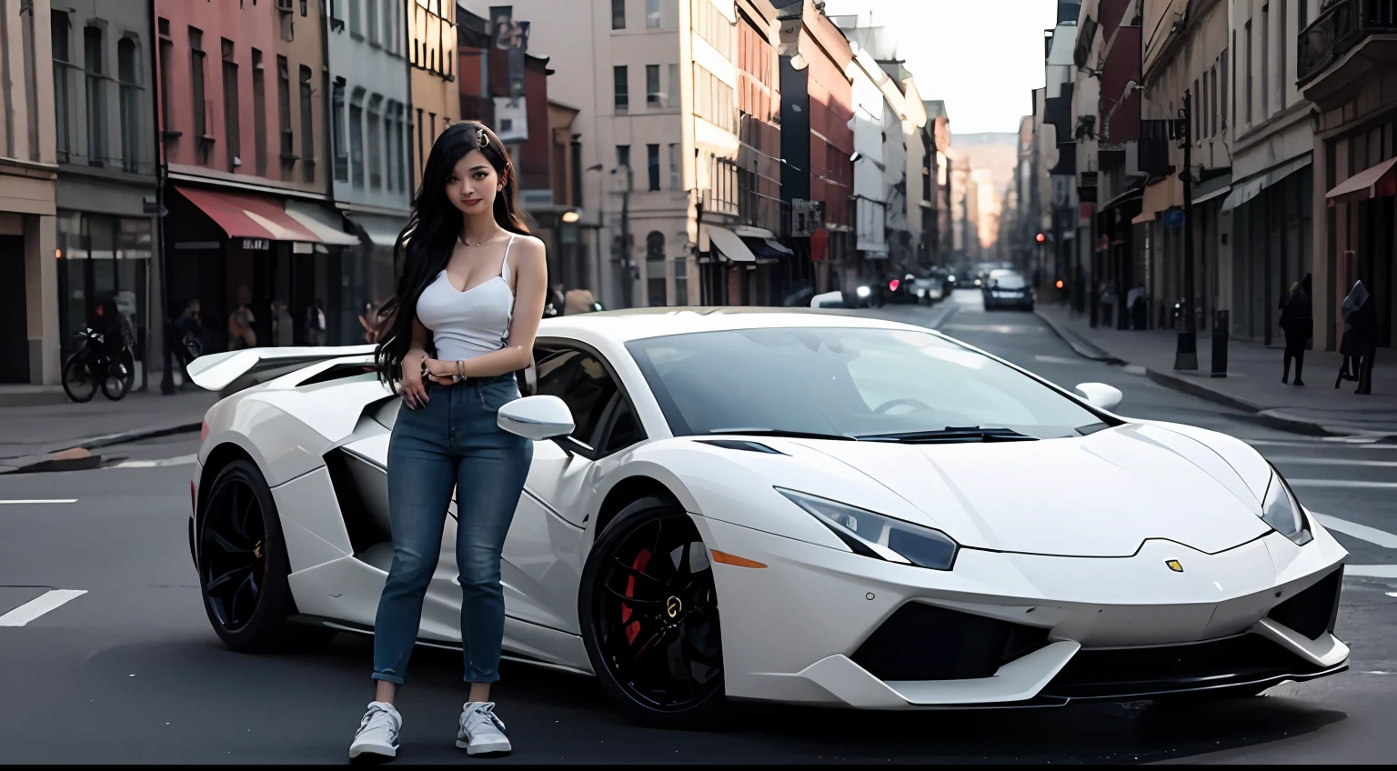 （（full - body）：1.5）（（{Only one woman}：1.2）：{（（（Wear jeans，White clothes，Wear AK sneakers）1.2），（（Long black hair that falls to the shoulders，shiny glistening eyes）1.3），（（Pose erotically in front of a Lamborghini，looks at the viewer，Smile with）：1.3），（（（very huge breast）：1.2）}， \n （（{In front of Lamborghini，Morning）：1.3）， animesexy， style of anime， 16k， （（best qulity， high detaild）：1.4）， The Masterpiece， Ultra HDR