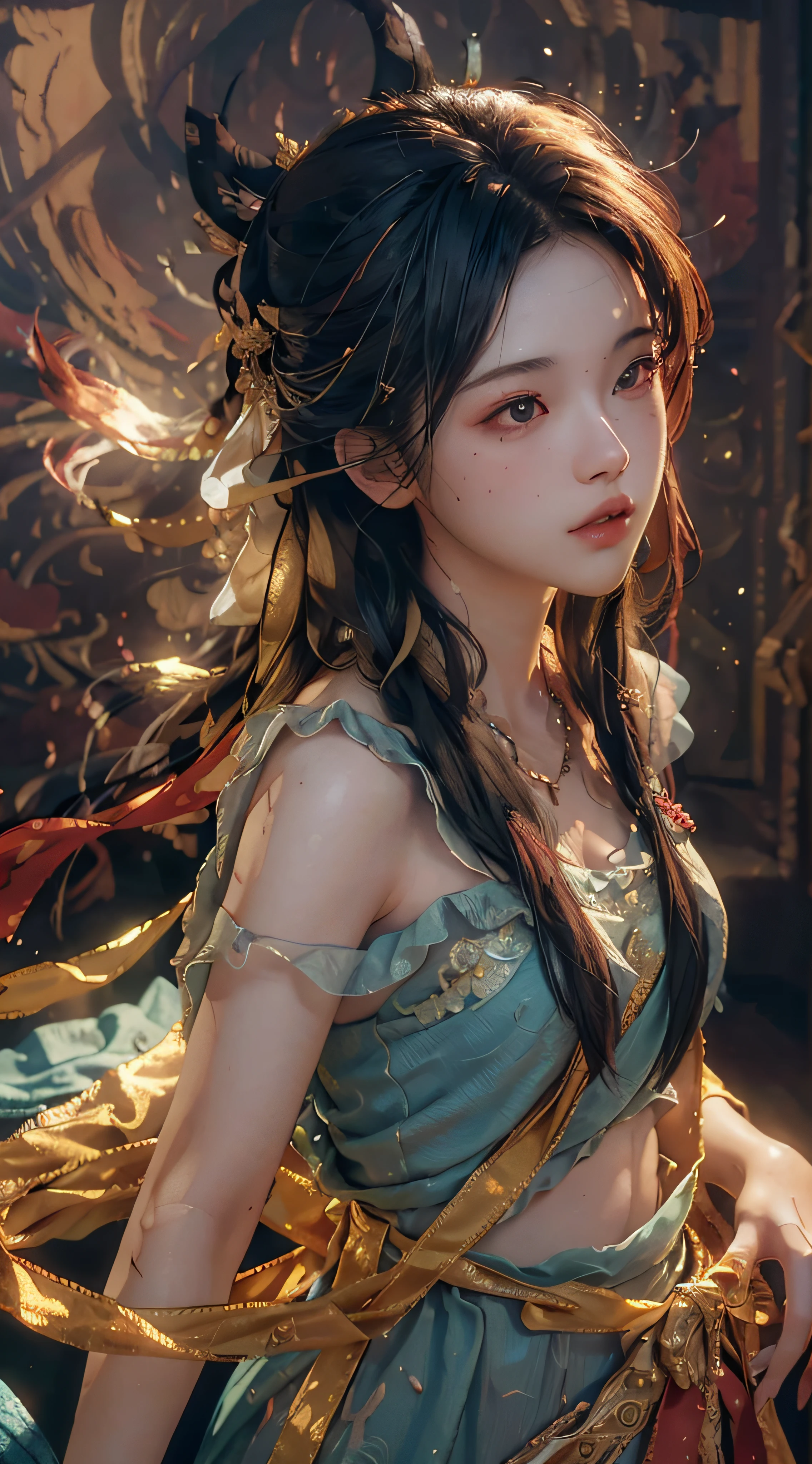 (RAW Photo, Best Quality), (Realistic, Photo Realistic: 1.3), Best Quality, Highly Detailed, Masterpiece, Hyperdetail, Illustration, 1 Girl, upper_body, Dynamic Angle, World Masterpiece Theater, messy_long_hair, Best Quality, Extremely Detailed CG Unified 8k Wallpaper, Ink, Amazing, Cinematic Lighting, lens_flare, Chu Chu Touching