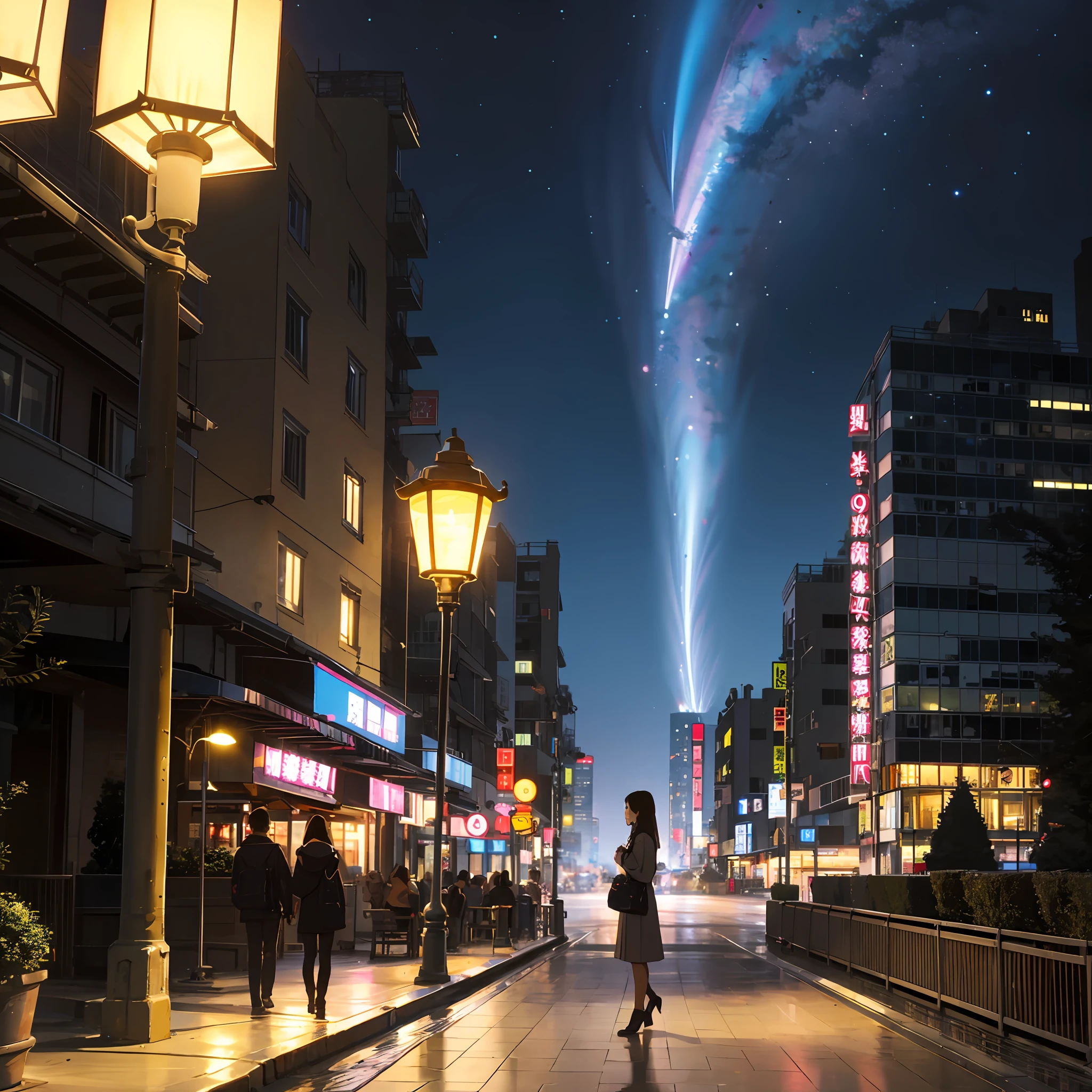 night sky,Xinghai,the girl,The city,backdrop,lamplight,Charming。 --auto