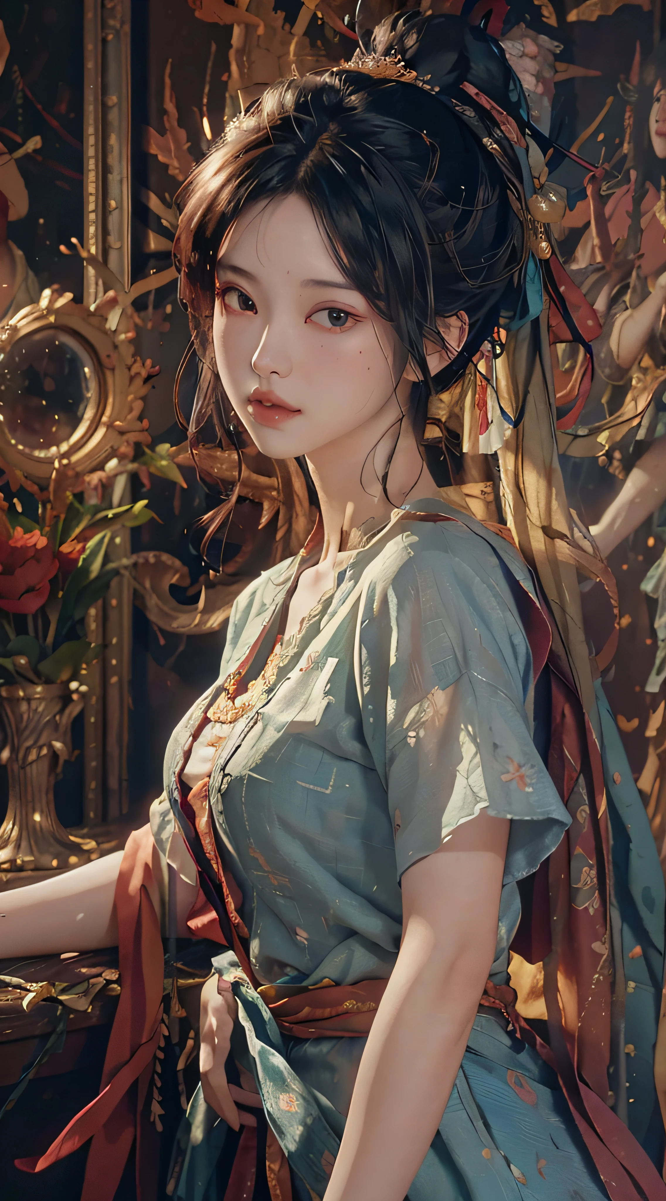 (RAW Photo, Best Quality), (Realistic, Photo Realistic: 1.3), Best Quality, Highly Detailed, Masterpiece, Hyperdetail, Illustration, 1 Girl, upper_body, Dynamic Angle, World Masterpiece Theater, messy_long_hair, Best Quality, Extremely Detailed CG Unified 8k Wallpaper, Ink, Amazing, Cinematic Lighting, lens_flare, Chu Chu Touching