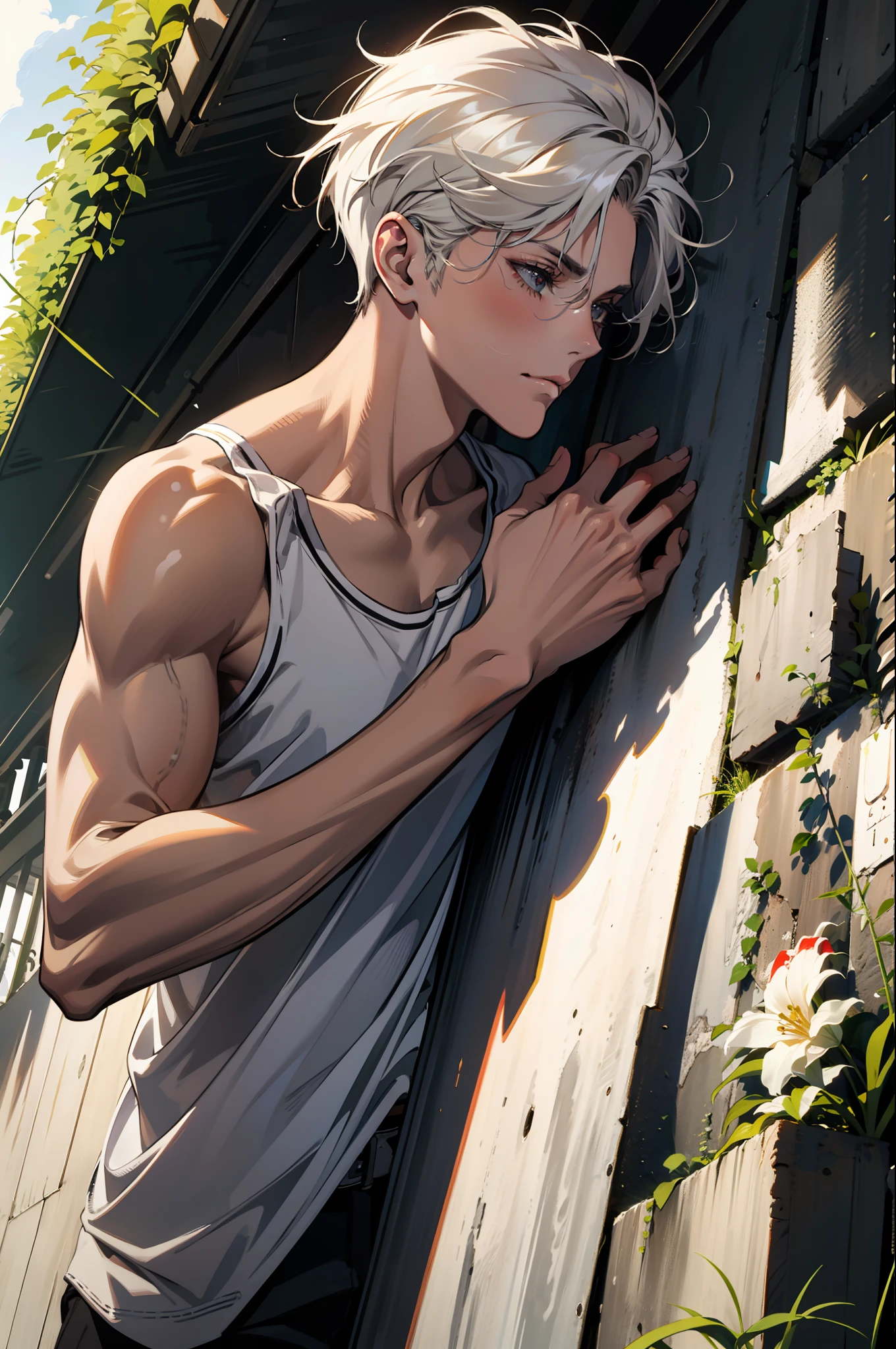 (absurdres, high - resolution, overdetalization), 1 male, beutiful, tall muscular guy, very short hair, The best ratio of four fingers to one thumb, Hands close up, veins in the arms, Better light and shadow, Background - Lane, Detailed sunlight, Sit, A small puppy gathered nearby to him, Spotted sunlight, daytime, dof, Plants, summer, (dutch angle), closed mouth, exposed