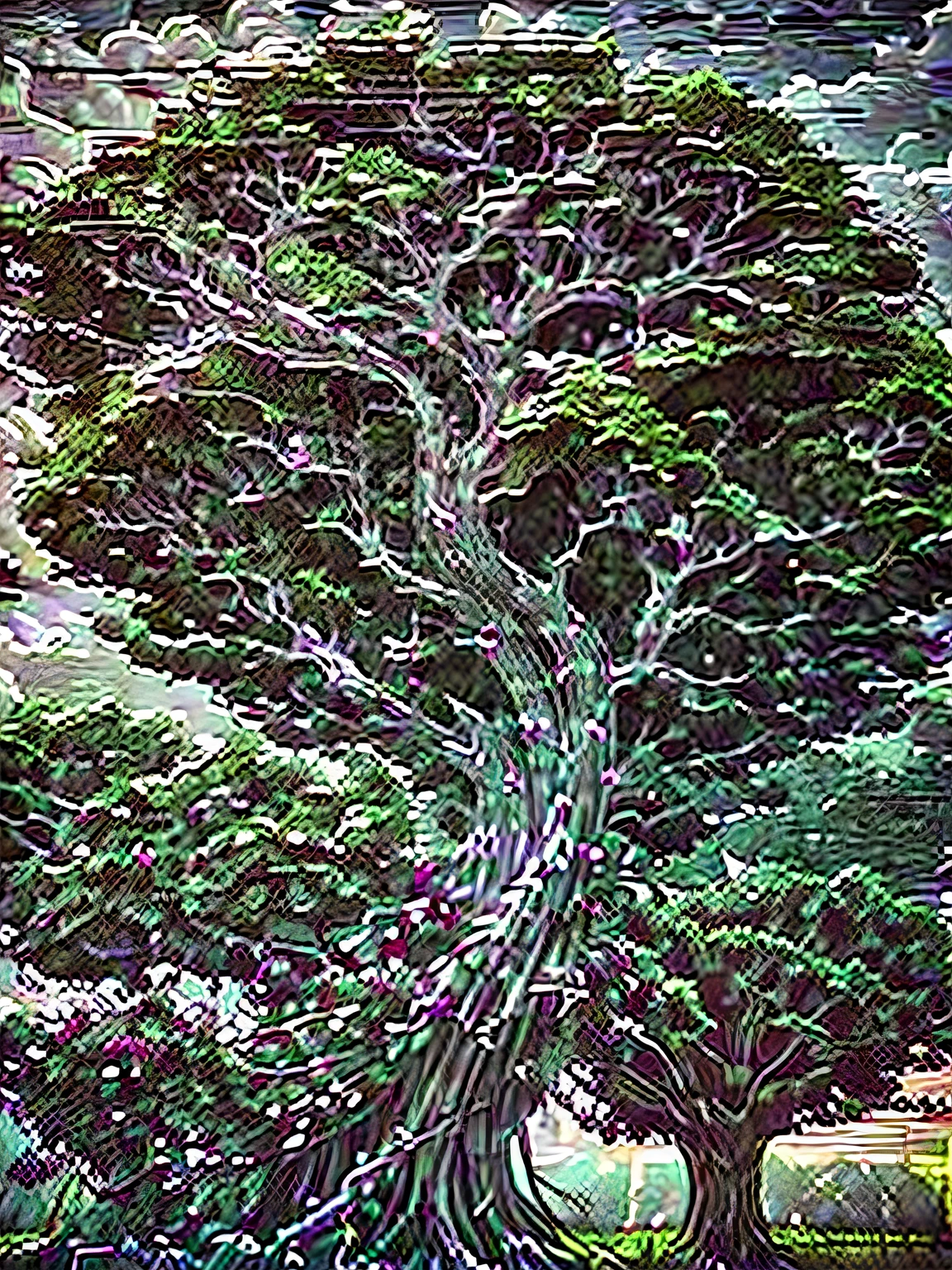 there is a birdhouse on a tree in the yard, vines hanging from trees, hanging vines, lightening tree, vines overflowing, tree in the background, large vines, with fruit trees, huge ficus macrophylla, vines hanging down, garden with fruits on trees, completely overgrown with vines, big green tree, overgrown with lush vines, on a cloudy day