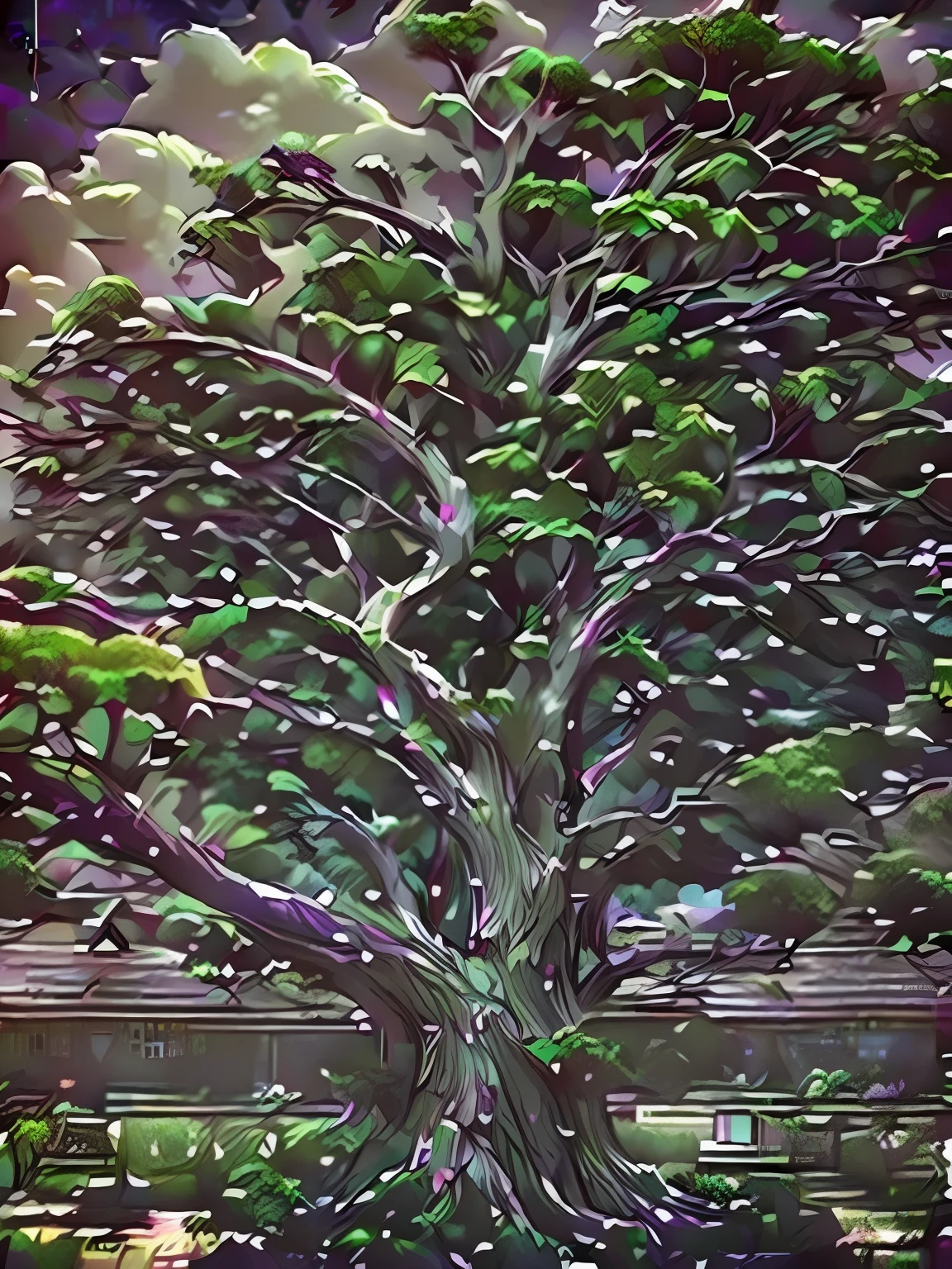 there is a birdhouse on a tree in the yard, vines hanging from trees, hanging vines, lightening tree, vines overflowing, tree in the background, large vines, with fruit trees, huge ficus macrophylla, vines hanging down, garden with fruits on trees, completely overgrown with vines, big green tree, overgrown with lush vines, on a cloudy day