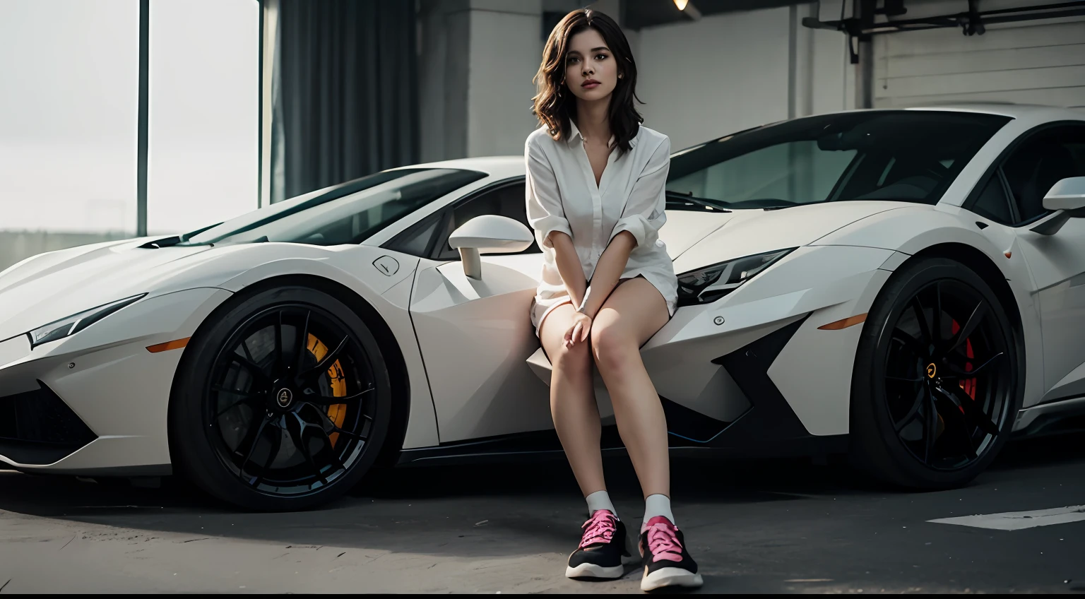 The Masterpiece, high qualit, 4K, 独奏, 1girls,The Masterpiece, high qualit, 4K, Beautiful design, shiny, Brunette woman,Smiling with sneakers,A woman wearing a white shirt and pink and jordan sneakers,Take a walk against the Lamborghini, from front, award-winning photo, greatly detailed, astonishing, fined detail, absurdities, Highly detailed woman, Very detailed eyes and face, Lee Jeffries Nikon D850 Film Stock Photo 4 Kodak Portra 400 Camera F1.6 shots: Rich colors, hyper-realistic lifelike texture, Dramatic lighting, Unreal Engine, trends in art stations, still 800 tungsten lamps,