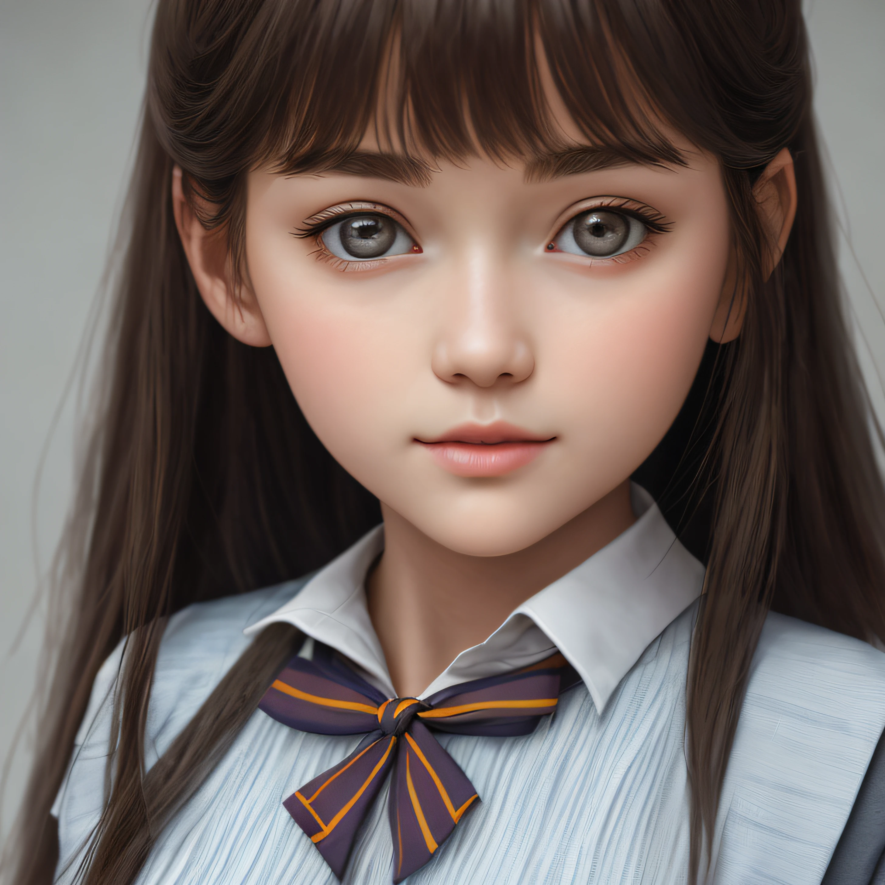 there is a young girl with long hair wearing a bow tie, a hyperrealistic schoolgirl, a hyperrealistic schoolgirl, Realistic schoolgirl, photorealistic anime girl render, realistic anime 3 d style, 3 d anime realistic, kawaii realistic portrait, realistic young anime girl, hyper realistic anime, render of a cute 3d anime girl, detailed portrait of an anime girl