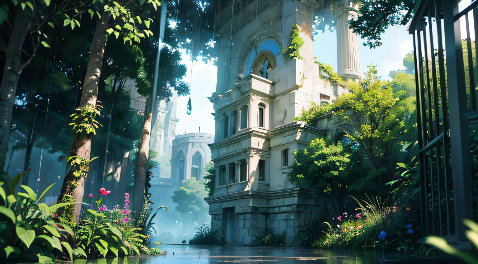 Jungle with ancient ruins, heavy rainfall, in utopia, colorful flowers, colorful birds, blue butter fly, vines everywhere, huge wet trees, masterpiece, best quality, high quality, very detailed CG unity 8k wallpaper, oil painting, award winning photography, bokeh, depth of field, HDR, bloom , chromatic aberration, photorealism, very detailed, trending on artstation, trending on CGsociety, intricate, high detail, dramatic, midjourney art, volumetric lighting,