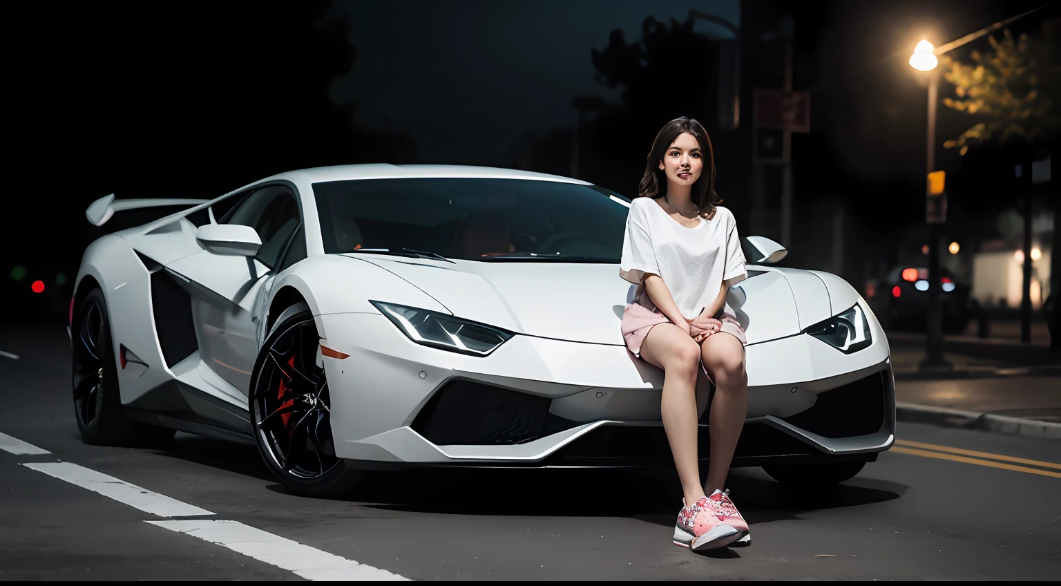 The Masterpiece， high qualit， 4K， 独奏， 1girls，The Masterpiece， high qualit， 4K， Beautiful design， shiny， Brunette woman，Smiling with sneakers，A woman wearing a white shirt and pink and jordan sneakers，Take a walk against the Lamborghini， from front， award-winning photo， greatly detailed， astonishing， fined detail， absurdities， Highly detailed woman， Very detailed eyes and face， Lee Jeffries Nikon D850 Film Stock Photo 4 Kodak Portra 400 Camera F1.6 shots: Rich colors, hyper-realistic lifelike texture, Dramatic lighting, Unreal Engine, trends in art stations, still 800 tungsten lamps，