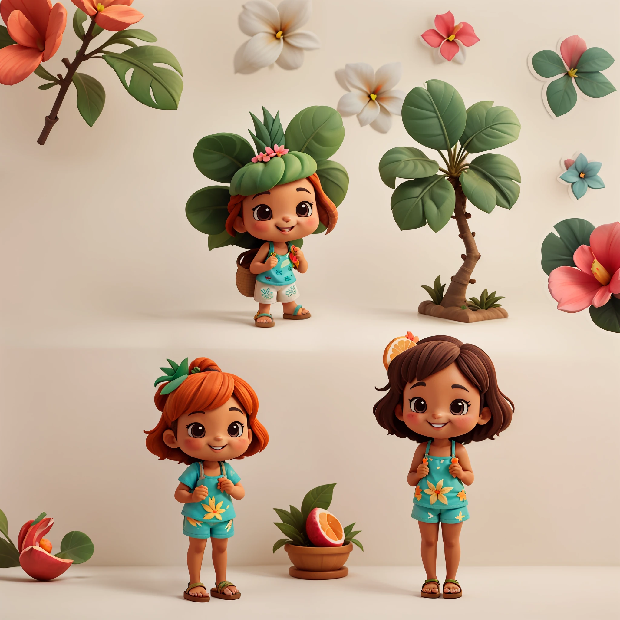 The Masterpiece Chibichara Cute and beautiful Chibi 1 (Brown skin) Tropical fruit print string camisole Sandals with fruit accessories Cute smile Tropical palm trees in the background Plumeria flowers 。.3D