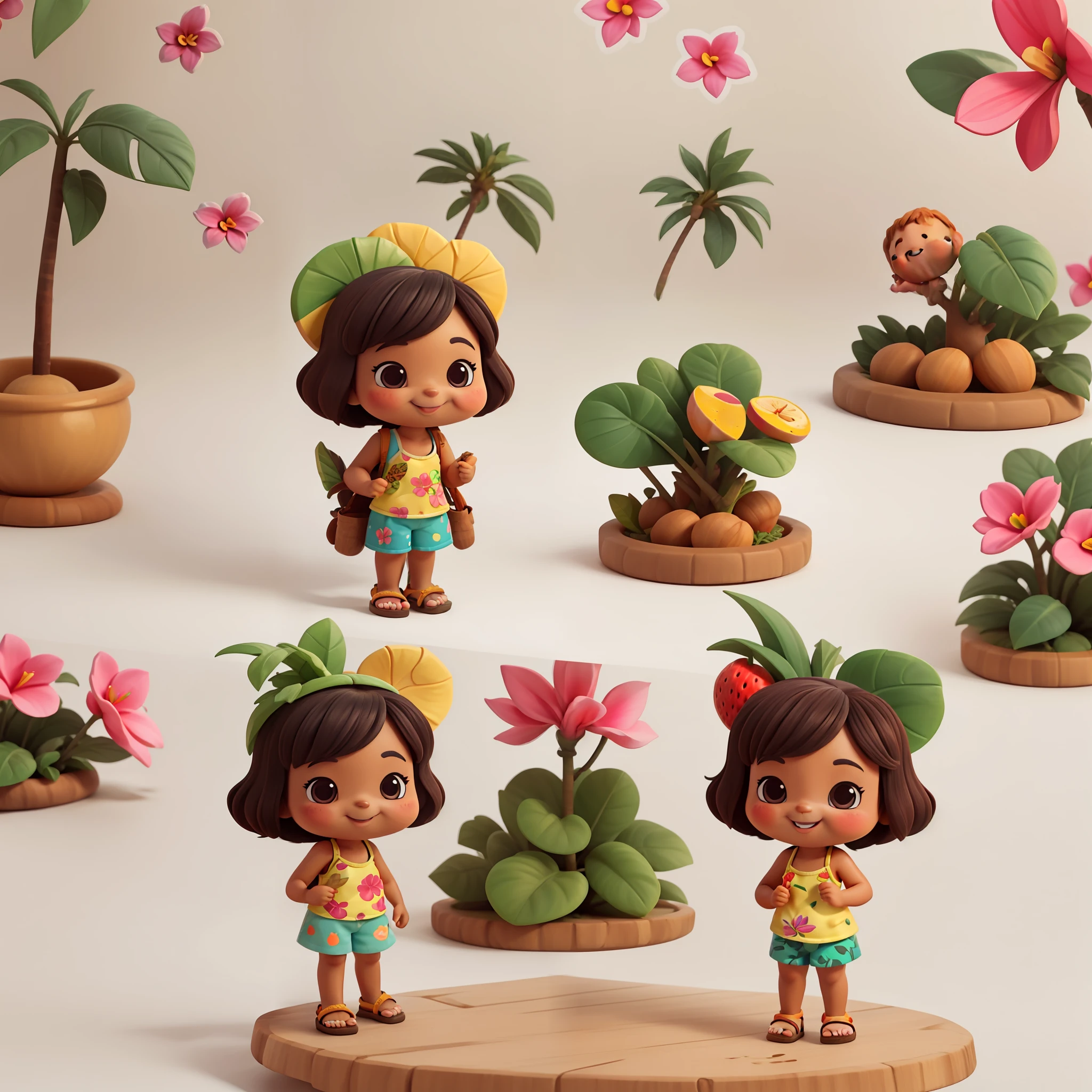 The Masterpiece Chibichara Cute and beautiful Chibi 1 (Brown skin) Tropical fruit print string camisole Sandals with fruit accessories Cute smile Tropical palm trees in the background Plumeria flowers 。.3D