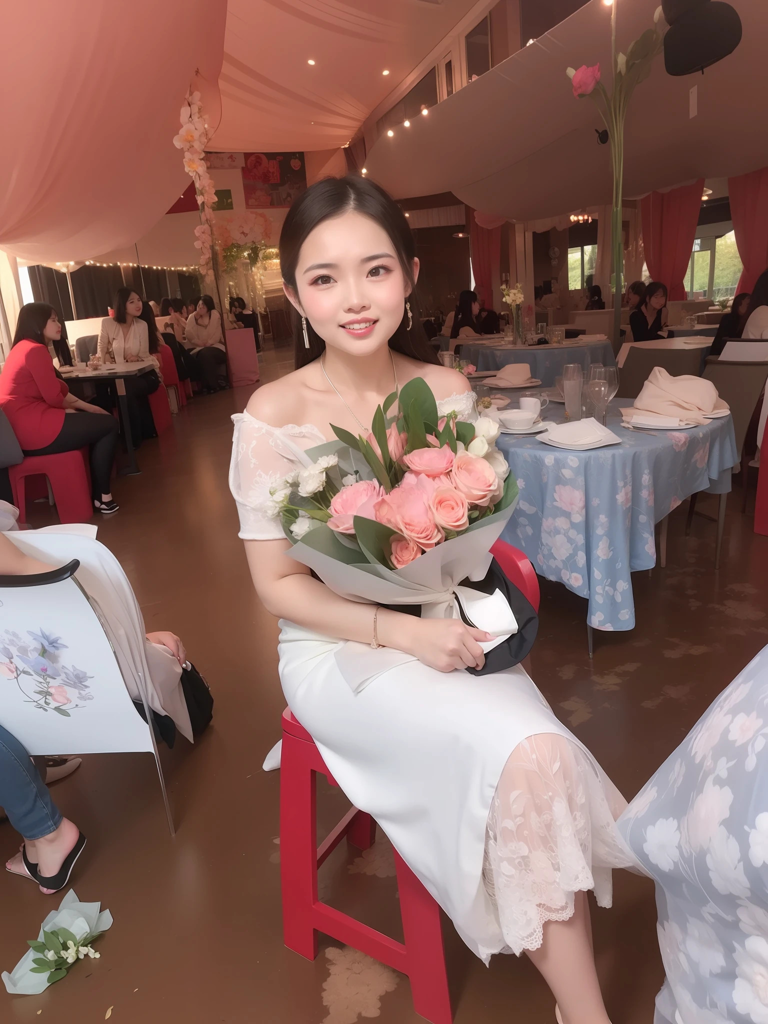 there is a woman sitting in a chair holding a bouquet of flowers, dang my linh, 3 0 years woman, gorgeous lady, beautiful lady, stunning woman, with flowers, lovely woman, pretty girl, wedding, very very happy, cute woman, in style of lam manh, 3 0 years old woman, 30 years old woman, vietnamese woman, beautiful woman