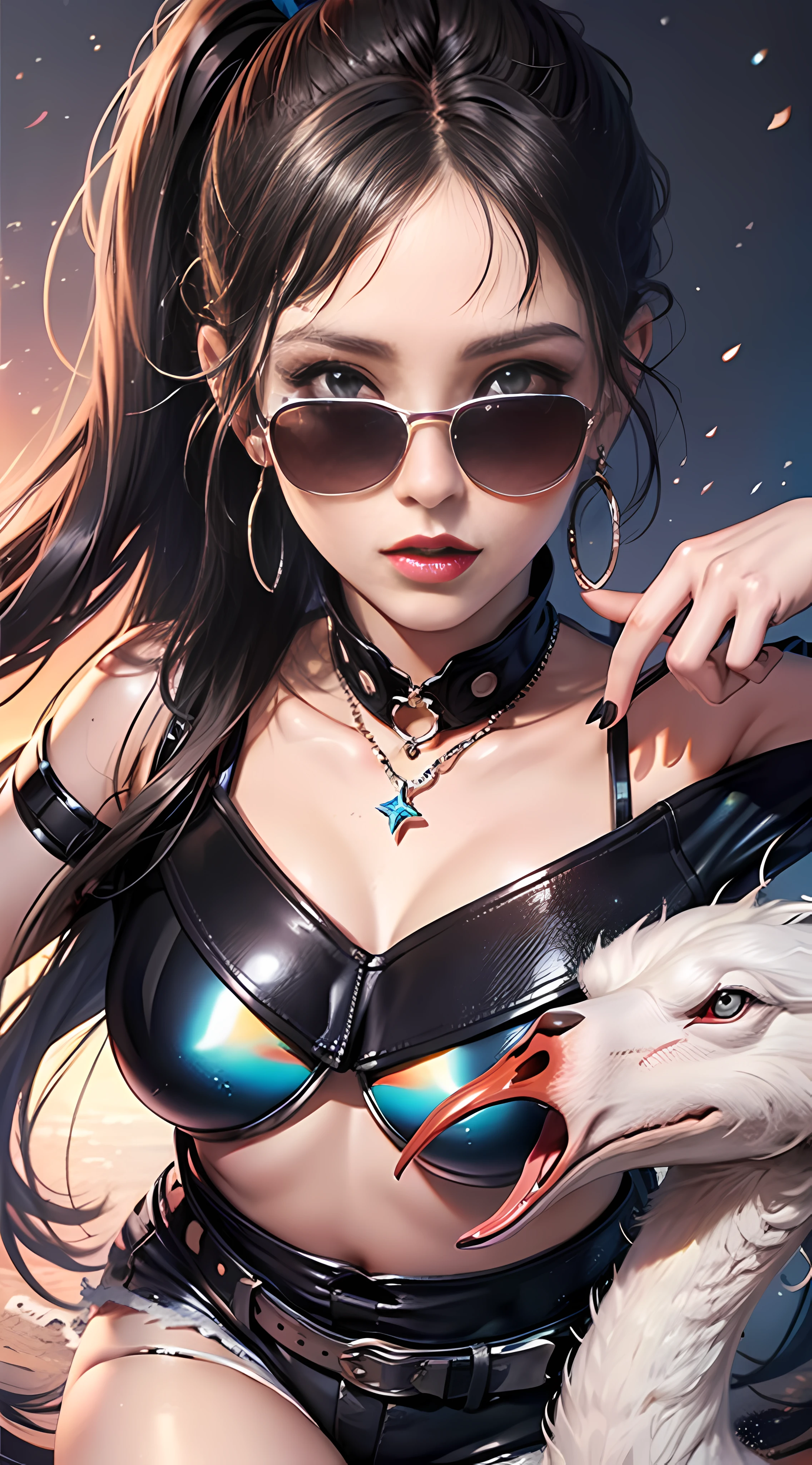Ultra high quality,8K,gal girl,y and feminine, high and cold,Enchanting,The head proportions are perfect,Black gray high ponytail,Wear a T-shirt, high-waisted shorts,Flaming red lips,Swan neck,neck chains,the sun is shining wide shot,With sunglasses