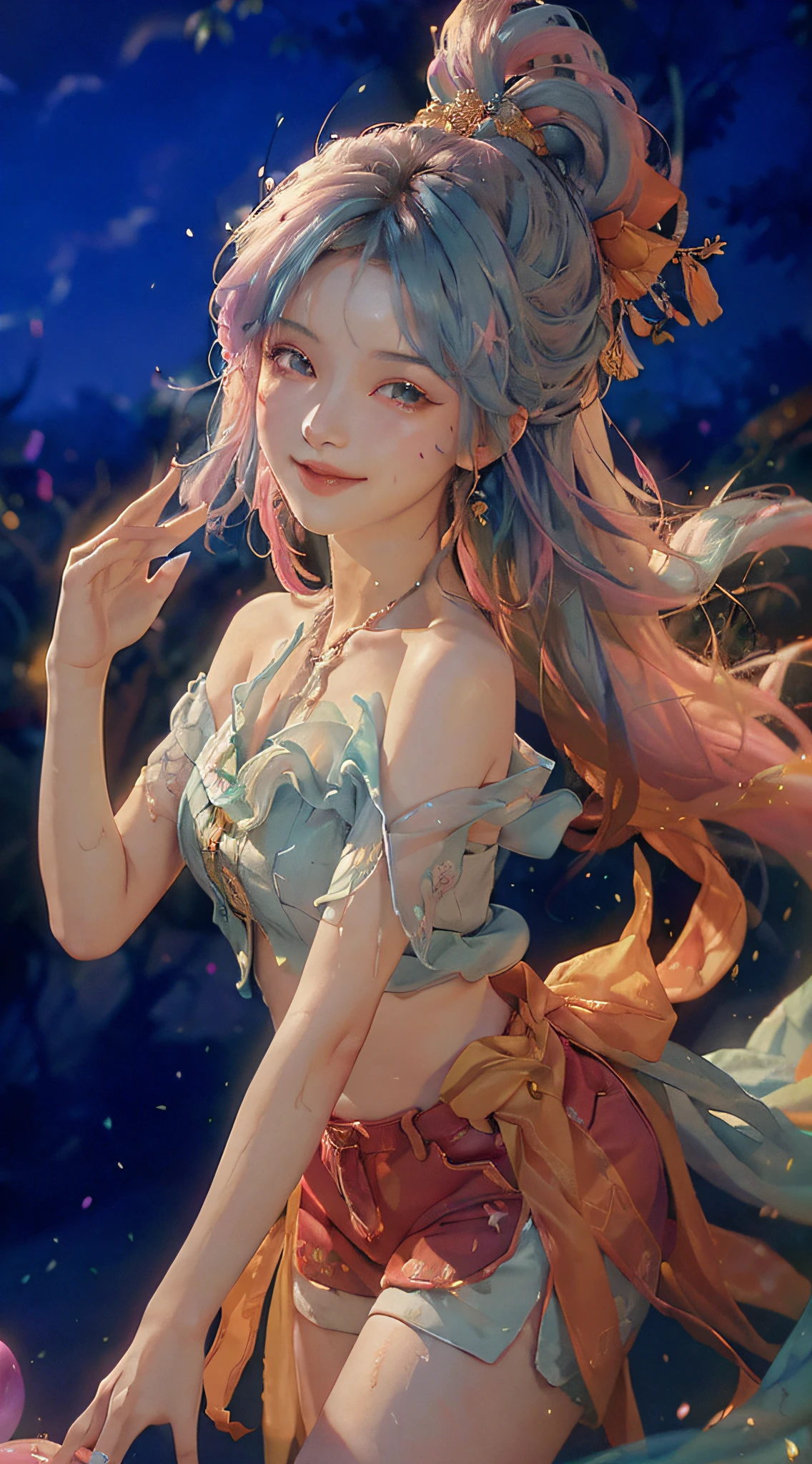 ((bust photo)), ((2 arms)), ((2 legs)), ((bare shoulder)), (seductive), (charming), (beautiful detailed face))), ((messy hair)), ((smile)), (gradient eyes)), ((white cloud background)), ((chest reduction)), ((shorts)), ((high saturation)), ((balloon)), (dynamic angle), ((city), (night), (outdoor), ((outdoor), (( Highly detailed face and skin textures)), ((double eyelids)), ((whitening skin)), ((magazine cover)), (close-up: 1.1), (Bauhaus, shapes, lines, abstraction: 1.1), (rainbow hair, colorful hair, half blue and half pink hair: 1.2), (bright smile), dreamland, skyscraper, (tree of life), whirlpool, magic array, soap bubbles, floating in the sky, bright, happy, funny, soft lighting, mean, oil painting, perfect face, soft skin perfect face, blue-yellow, light purple and violet added, light red addition, intricate details, splash screen, 8k resolution, masterpiece, cute face, surface scattering, lens 135mm, f1.8, luminous, 8k, high resolution, dreamy, ray tracing, elegant, fauvist design, bright colors, romanticism, michal mraz, adrian gainy, petra cottwright, atmospheric, ecstatic notes,