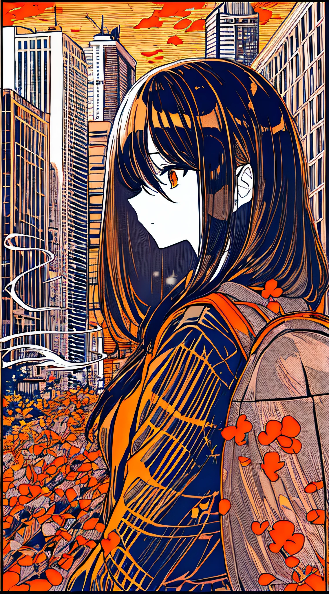 Masterpiece, Best Quality, Monochrome, Limited Color Palette, Low Contrast, (Ligne Claire), 1Girl, Long Straight Black Hair, Halo, Backpack Looking Away, Standing. smoke, night sky, city, sunset, skyscraper, bridge, road sign, depth of field, border, black, red, orange, brown, autumn, haze