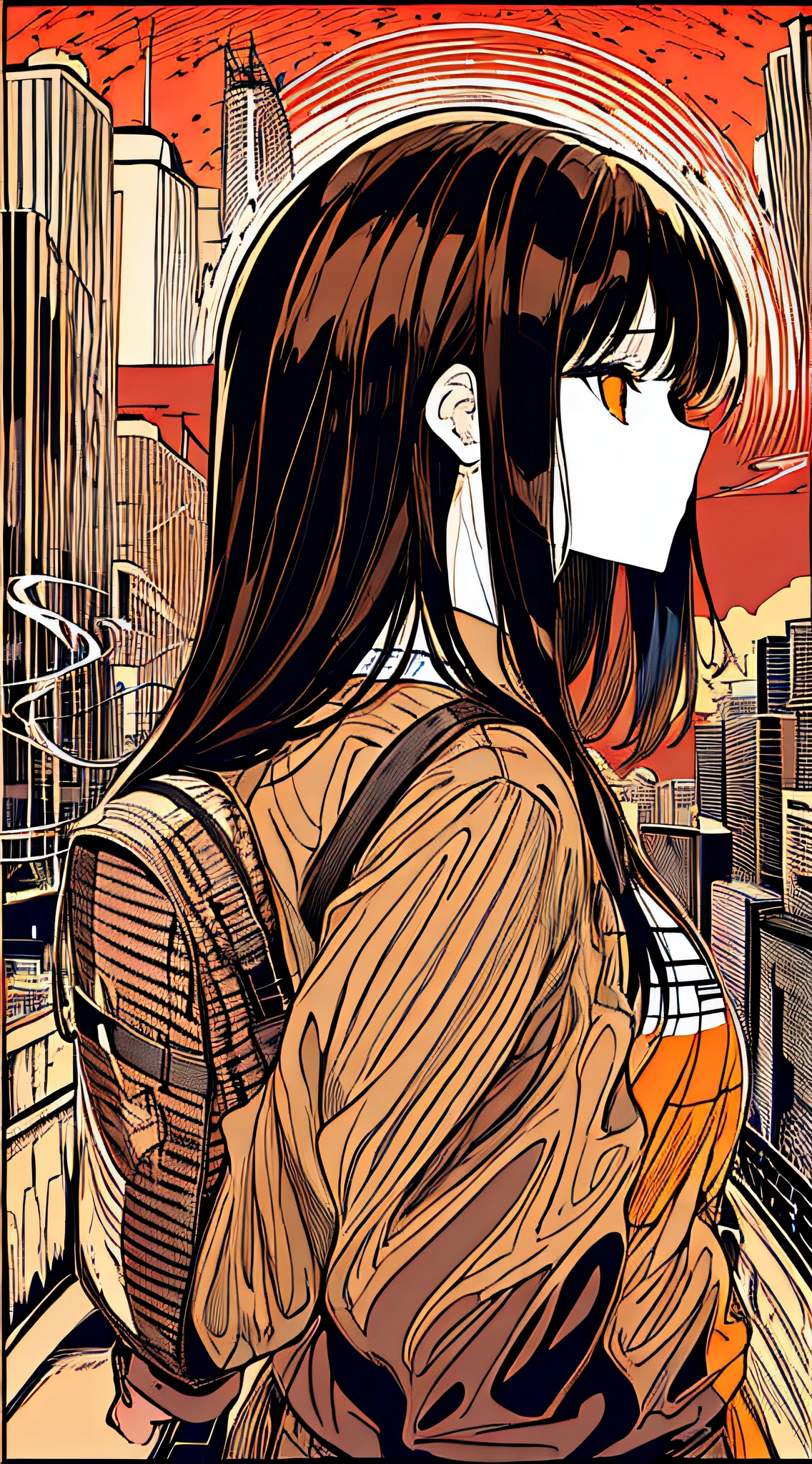 Masterpiece, Best Quality, Monochrome, Limited Color Palette, Low Contrast, (Ligne Claire), 1Girl, Long Straight Black Hair, Halo, Backpack Looking Away, Standing. smoke, night sky, city, sunset, skyscraper, bridge, road sign, depth of field, border, black, red, orange, brown, autumn, haze