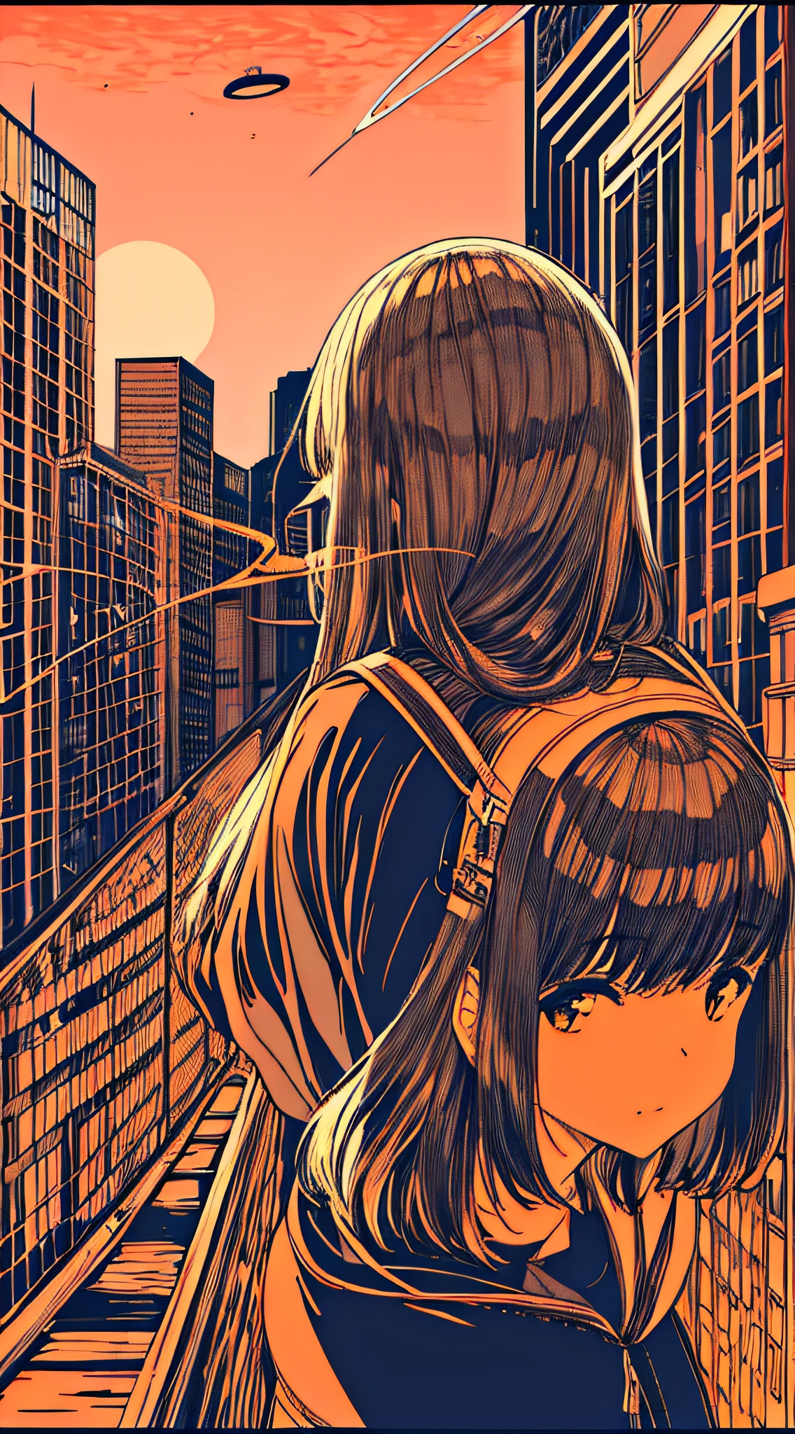 Masterpiece, Best Quality, Monochrome, Limited Color Palette, Low Contrast, (Ligne Claire), 1Girl, Long Straight Black Hair, Halo, Backpack Looking Away, Standing. smoke, night sky, city, sunset, skyscraper, bridge, road sign, depth of field, border, black, red, orange, brown, autumn, haze