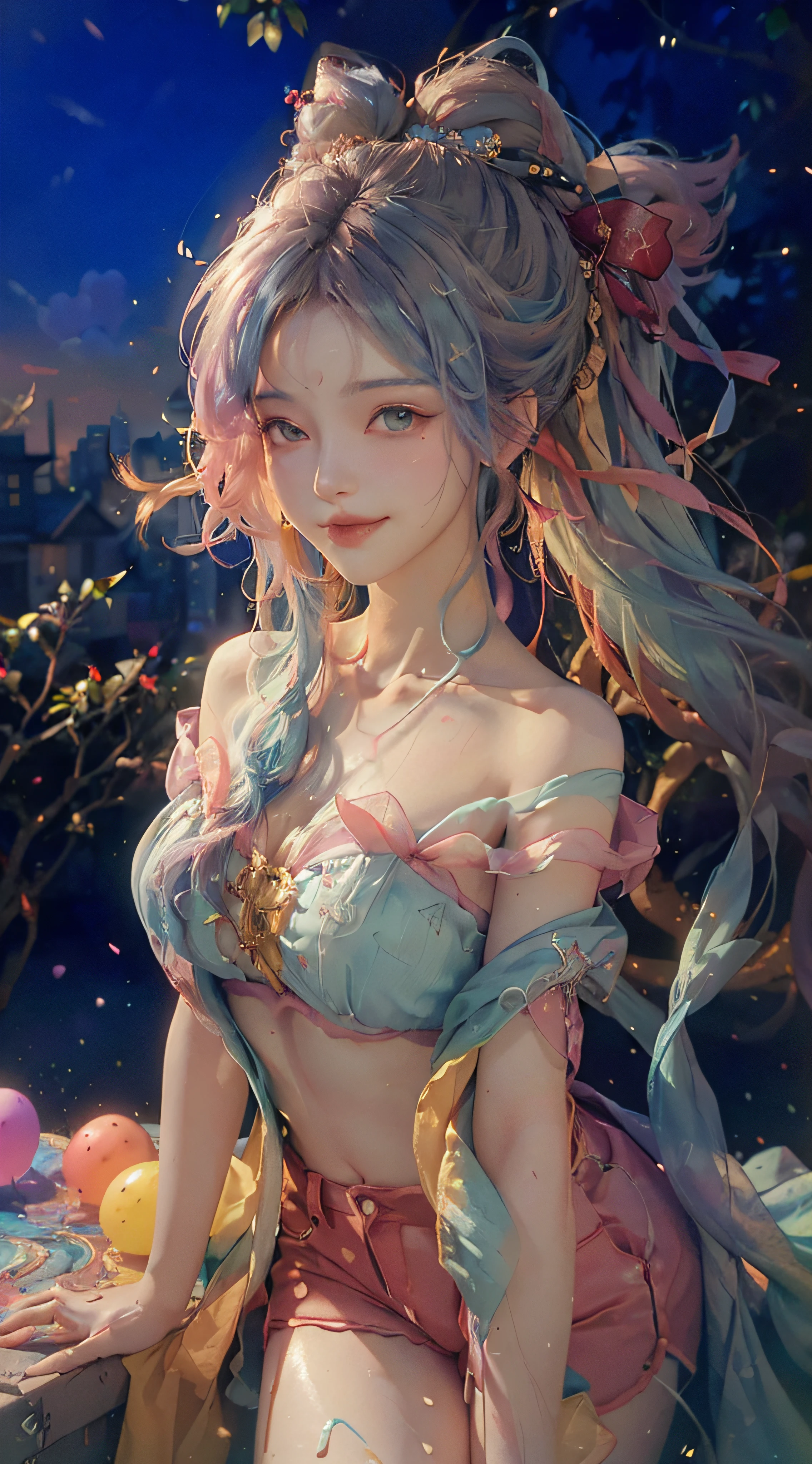 ((bust photo)), ((2 arms)), ((2 legs)), ((bare shoulder)), (seductive), (charming), (beautiful detailed face))), ((messy hair)), ((smile)), (gradient eyes)), ((white cloud background)), ((chest reduction)), ((shorts)), ((high saturation)), ((balloon)), (dynamic angle), ((city), (night), (outdoor), ((outdoor), (( Highly detailed face and skin textures)), ((double eyelids)), ((whitening skin)), ((magazine cover)), (close-up: 1.1), (Bauhaus, shapes, lines, abstraction: 1.1), (rainbow hair, colorful hair, half blue and half pink hair: 1.2), (bright smile), dreamland, skyscraper, (tree of life), whirlpool, magic array, soap bubbles, floating in the sky, bright, happy, funny, soft lighting, mean, oil painting, perfect face, soft skin perfect face, blue-yellow, light purple and violet added, light red addition, intricate details, splash screen, 8k resolution, masterpiece, cute face, surface scattering, lens 135mm, f1.8, luminous, 8k, high resolution, dreamy, ray tracing, elegant, fauvist design, bright colors, romanticism, michal mraz, adrian gainy, petra cottwright, atmospheric, ecstatic notes,
