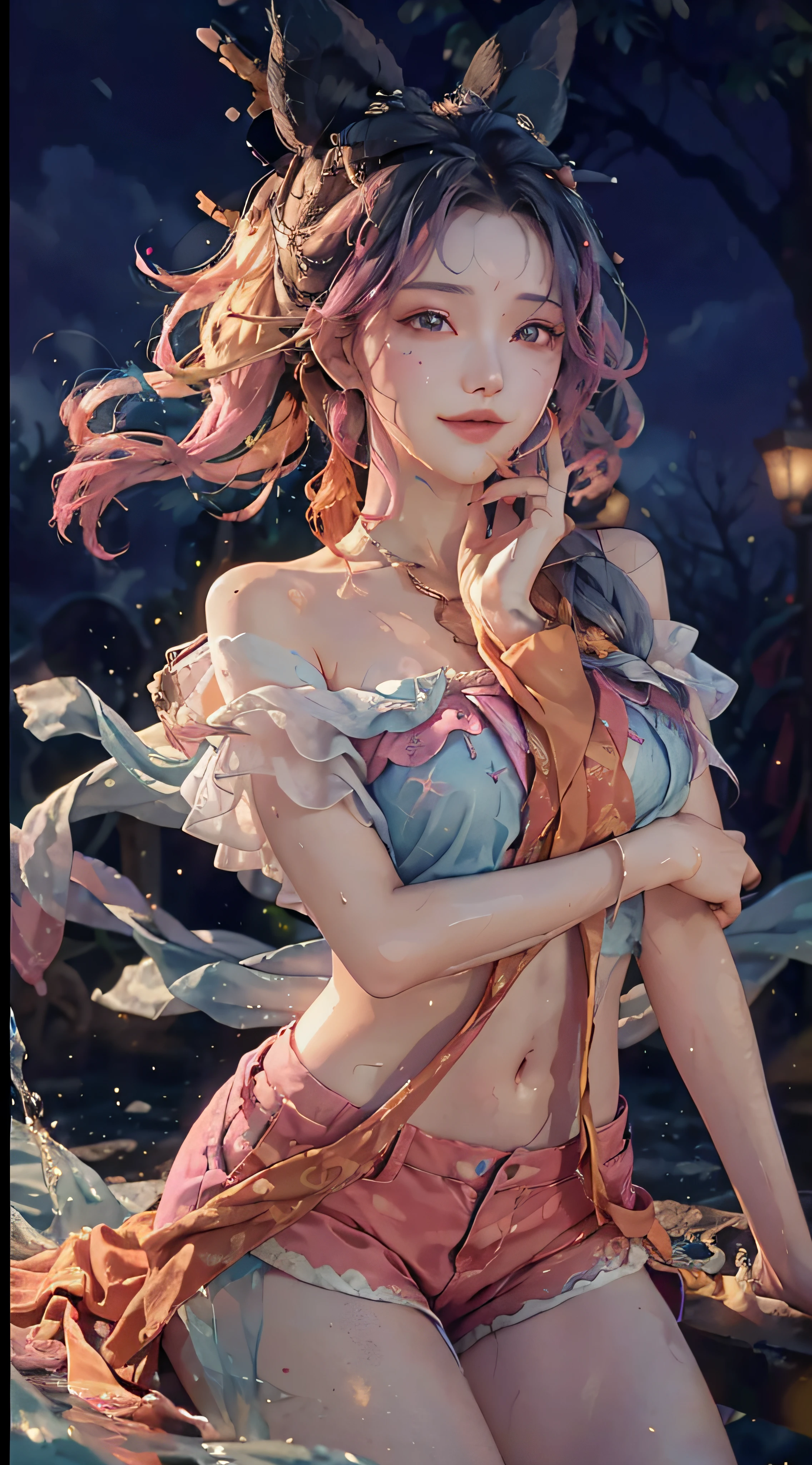 ((bust photo)), ((2 arms)), ((2 legs)), ((bare shoulder)), (seductive), (charming), (beautiful detailed face))), ((messy hair)), ((smile)), (gradient eyes)), ((white cloud background)), ((chest reduction)), ((shorts)), ((high saturation)), ((balloon)), (dynamic angle), ((city), (night), (outdoor), ((outdoor), (( Highly detailed face and skin texture)),((double eyelids)),((Whitening skin)),((Magazine cover)),, ((Shorts: 1.1)),((Street: 1.3)),((Wet clothes: 1.1)),((Wet: 1.5)),((Rain, Street:1.2)),((Wet white button shirt:1.1)),((Layered hairstyle, Big breasts: 1.2)),((Slim abs:1.2)),(Perfect Body Beauty:1.4)), (Close-up: 1.1), (Bauhaus, shapes, lines, abstraction: 1.1), (rainbow hair, colorful hair, half blue and half pink hair: 1.2), (bright smile), dreamland, skyscraper, (tree of life), whirlpool, magic array, soap bubble, floating in the sky, bright, happy, funny, soft lighting, mean, oil painting, perfect face, soft skin perfect face, blue-yellow, light purple and violet added, light red added, Intricate details, splash screen, 8k resolution, masterpiece, cute face, surface scattering, lens 135mm, f1.8, luminescence, 8k, high resolution, dreamy, ray tracing, elegant, fauvist design, bright colors, romanticism, michal mraz, adrian gainy, petra cottwright, atmospheric, ecstatic notes,