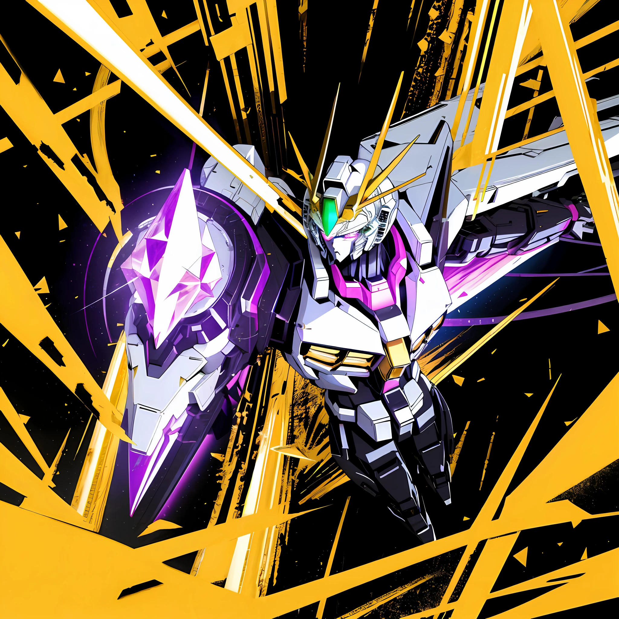 gundam，Northern Lights in the background，Saturn，（（Mecha style，Crystal mech，The body is white with gold engraving，Purple-gold chamber，The left shoulder blade has the number 923，There is ZION in the right shoulder blade， 3D，Clean lines，high-contrast，Gradient color，（Golden-black），Show a full-body portrait，Best image quality，Perfect resolution）