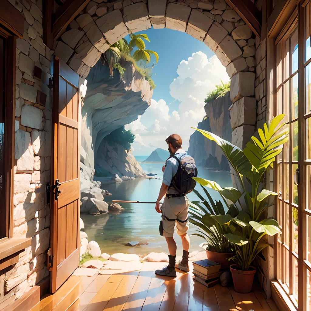 hombre sentado en el borde de un alto precipicio con unas vistas jungla salvaje. fotorealismo,8k,pintura digital, ultra detallado --auto --s2