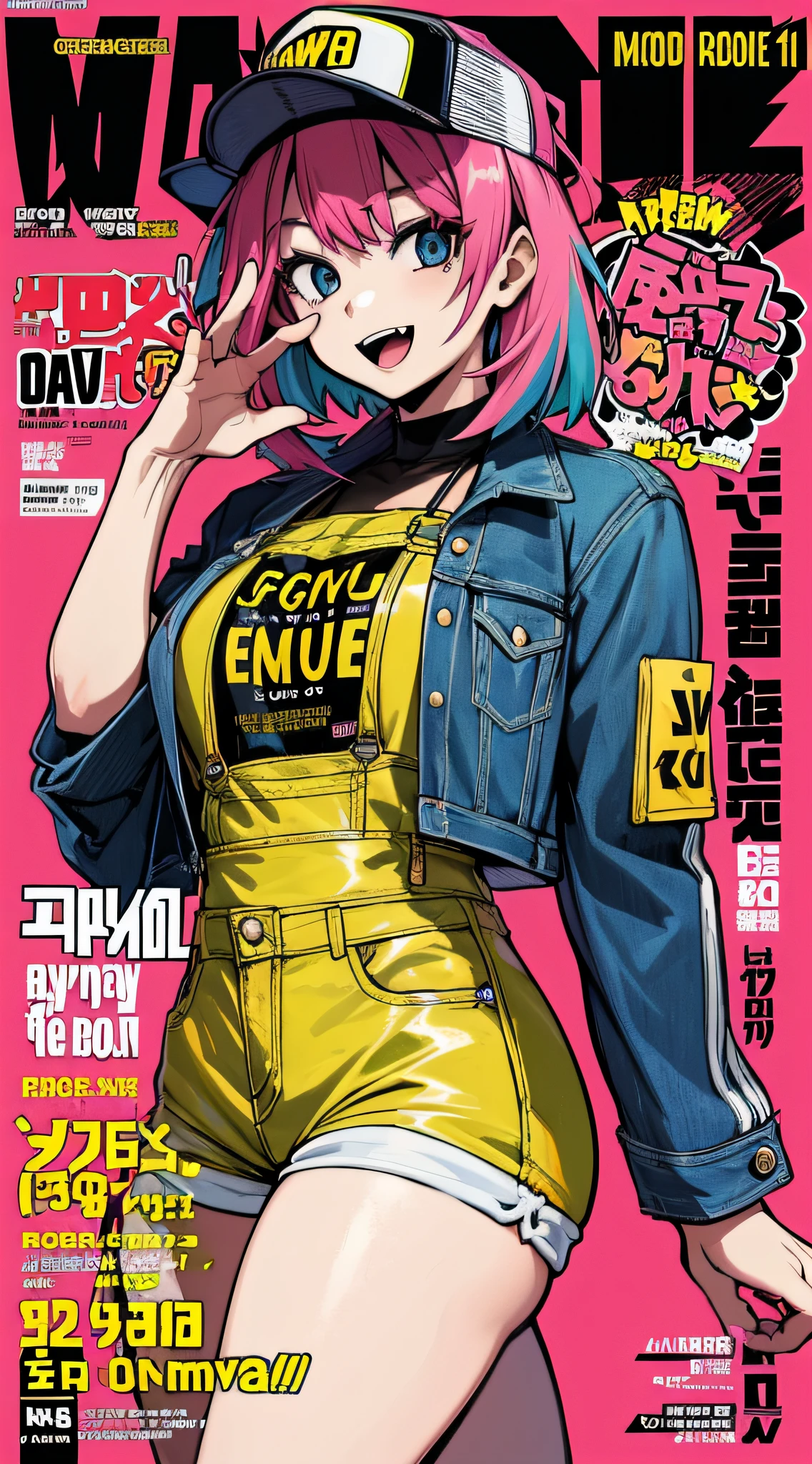 1girl, sfw, cap, shorts, jacket, (Magazine cover-style illustration of a fashionable woman in a vibrant outfit posing in front of a colorful and dynamic background. She has a confident expression and is striking a pose. The text on the cover should be bold and attention-grabbing, with the title of the magazine and a catchy headline. The overall style should be modern and trendy, with a focus on fashion and lifestyle), wallpaper, crowds, fashion, contrapposto, female focus, model, cool