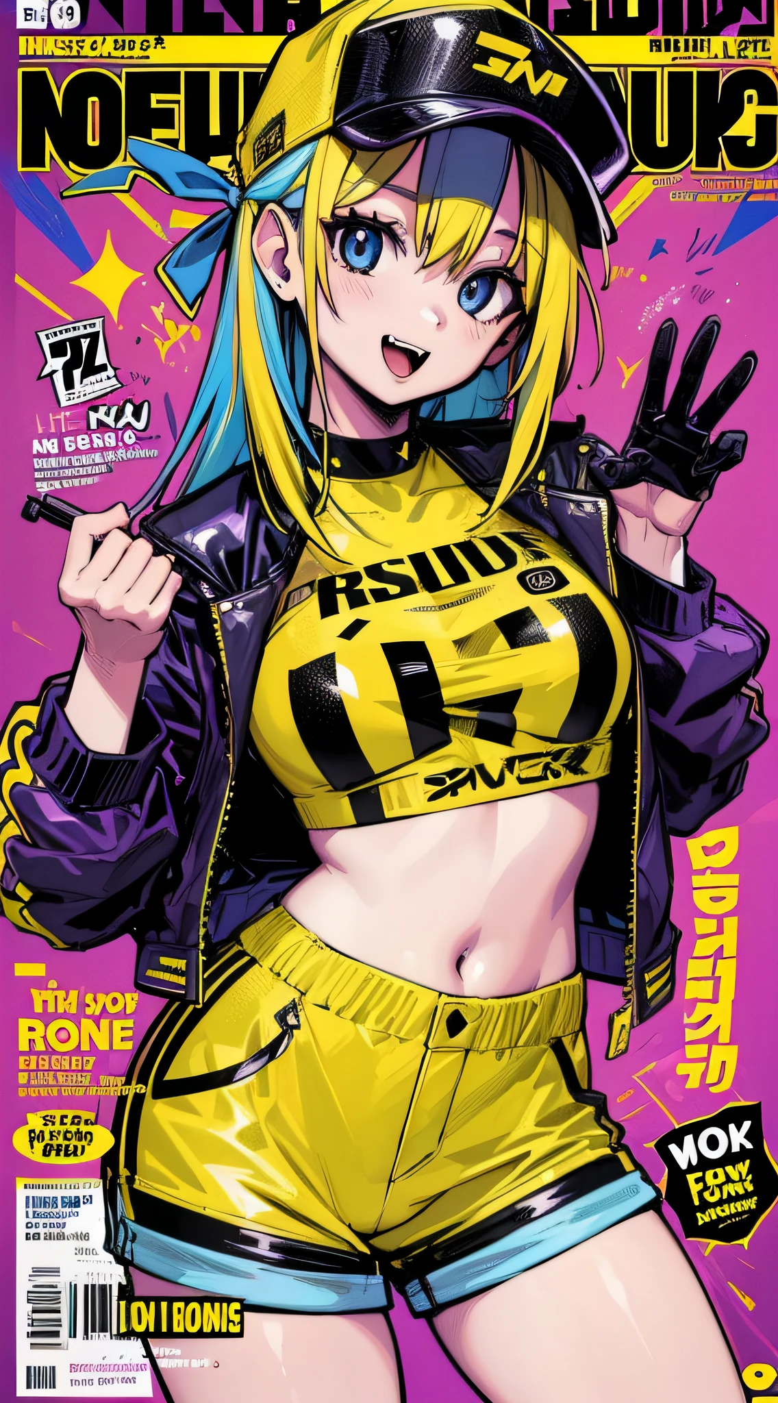 1girl, sfw, cap, shorts, jacket, (Magazine cover-style illustration of a fashionable woman in a vibrant outfit posing in front of a colorful and dynamic background. She has a confident expression and is striking a pose. The text on the cover should be bold and attention-grabbing, with the title of the magazine and a catchy headline. The overall style should be modern and trendy, with a focus on fashion and lifestyle), wallpaper, crowds, fashion, contrapposto, female focus, model, cool