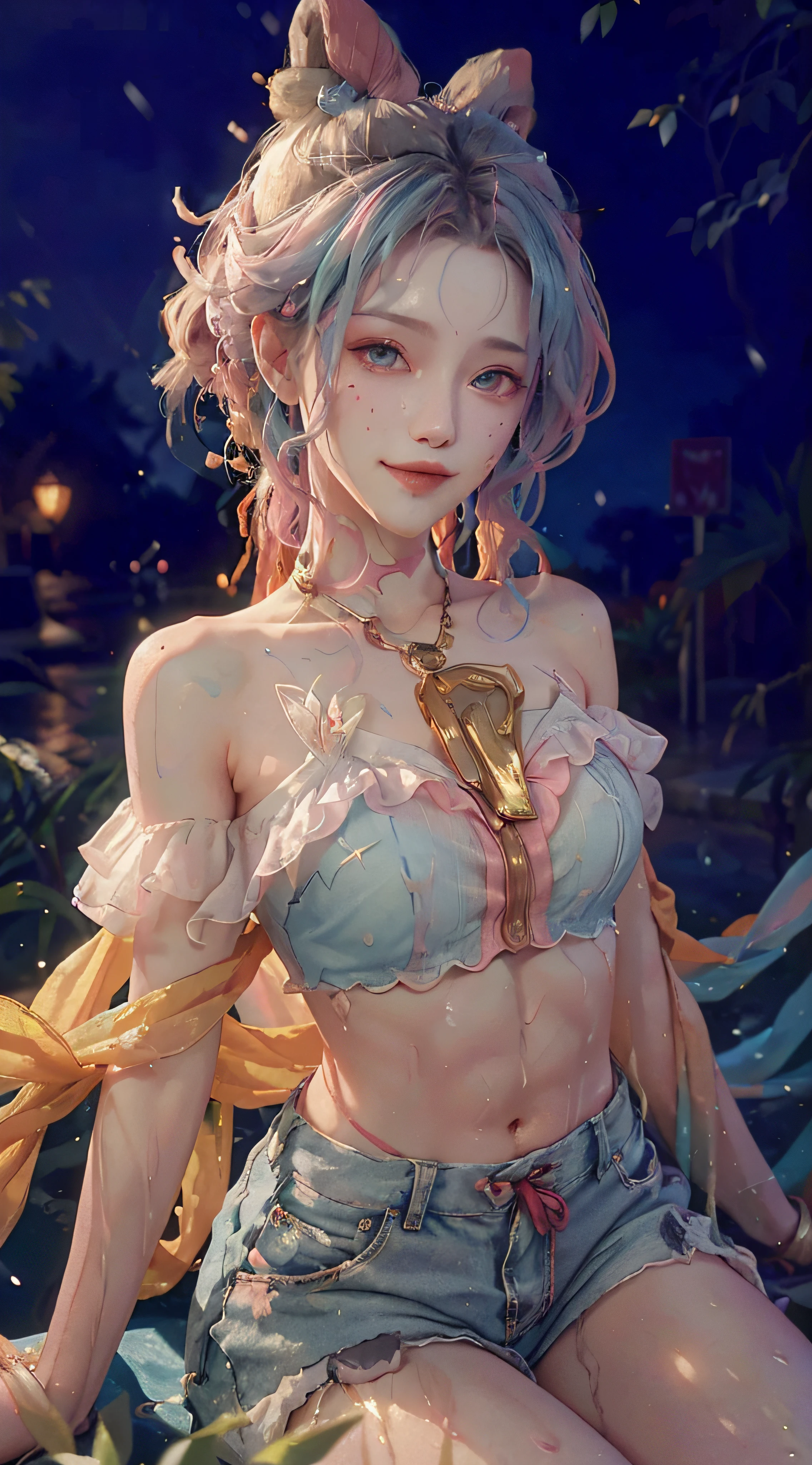 ((bust photo)), ((2 arms)), ((2 legs)), ((bare shoulder)), (seductive), (charming), (beautiful detailed face))), ((messy hair)), ((smile)), (gradient eyes)), ((white cloud background)), ((chest reduction)), ((shorts)), ((high saturation)), ((balloon)), (dynamic angle), ((city), (night), (outdoor), ((outdoor), (( Highly detailed face and skin texture)),((double eyelids)),((Whitening skin)),((Magazine cover)),, ((Shorts: 1.1)),((Street: 1.3)),((Wet clothes: 1.1)),((Wet: 1.5)),((Rain, Street:1.2)),((Wet white button shirt:1.1)),((Layered hairstyle, Big breasts: 1.2)),((Slim abs:1.2)),(Perfect Body Beauty:1.4)), (Close-up: 1.1), (Bauhaus, shapes, lines, abstraction: 1.1), (rainbow hair, colorful hair, half blue and half pink hair: 1.2), (bright smile), dreamland, skyscraper, (tree of life), whirlpool, magic array, soap bubble, floating in the sky, bright, happy, funny, soft lighting, mean, oil painting, perfect face, soft skin perfect face, blue-yellow, light purple and violet added, light red added, Intricate details, splash screen, 8k resolution, masterpiece, cute face, surface scattering, lens 135mm, f1.8, luminescence, 8k, high resolution, dreamy, ray tracing, elegant, fauvist design, bright colors, romanticism, michal mraz, adrian gainy, petra cottwright, atmospheric, ecstatic notes,