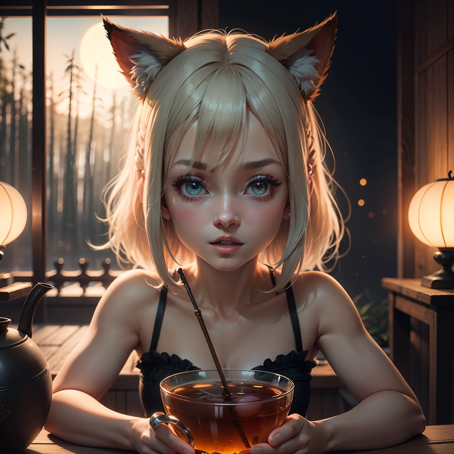 A tea space with a bamboo screen in the moonlight in the background Girls brewing old white tea hair bobbles in a glass tea set, wince, solid circle eyes, fake animal ears, ear blush, fang, Surrealism, drop shadow, anaglyph, stereogram, tachi-e, pov, atmospheric perspective, 8k, super detail, ccurate, best quality, high details, textured skin, UHD --auto