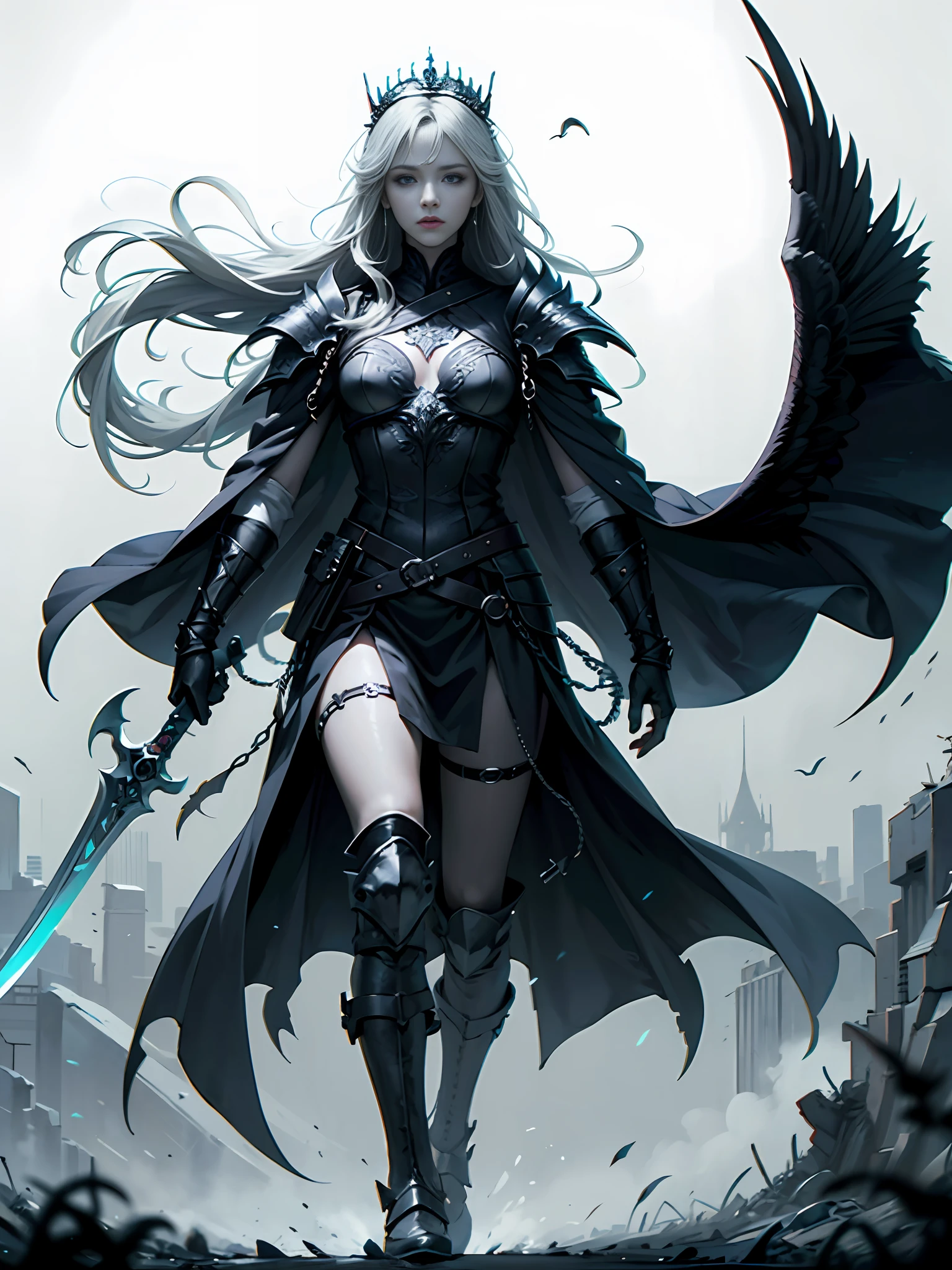Prince Elric with long silver hair、Red glowing eyes and white skin、Wearing a crown of black feathers、The black sword he has is the Stormbringer who controls chaos.、The part is、Runes are engraved from the base to the tip of the blade、Glows pale and white、Wearing monotone black armor with decorations、Two moons, white and red, float in the background